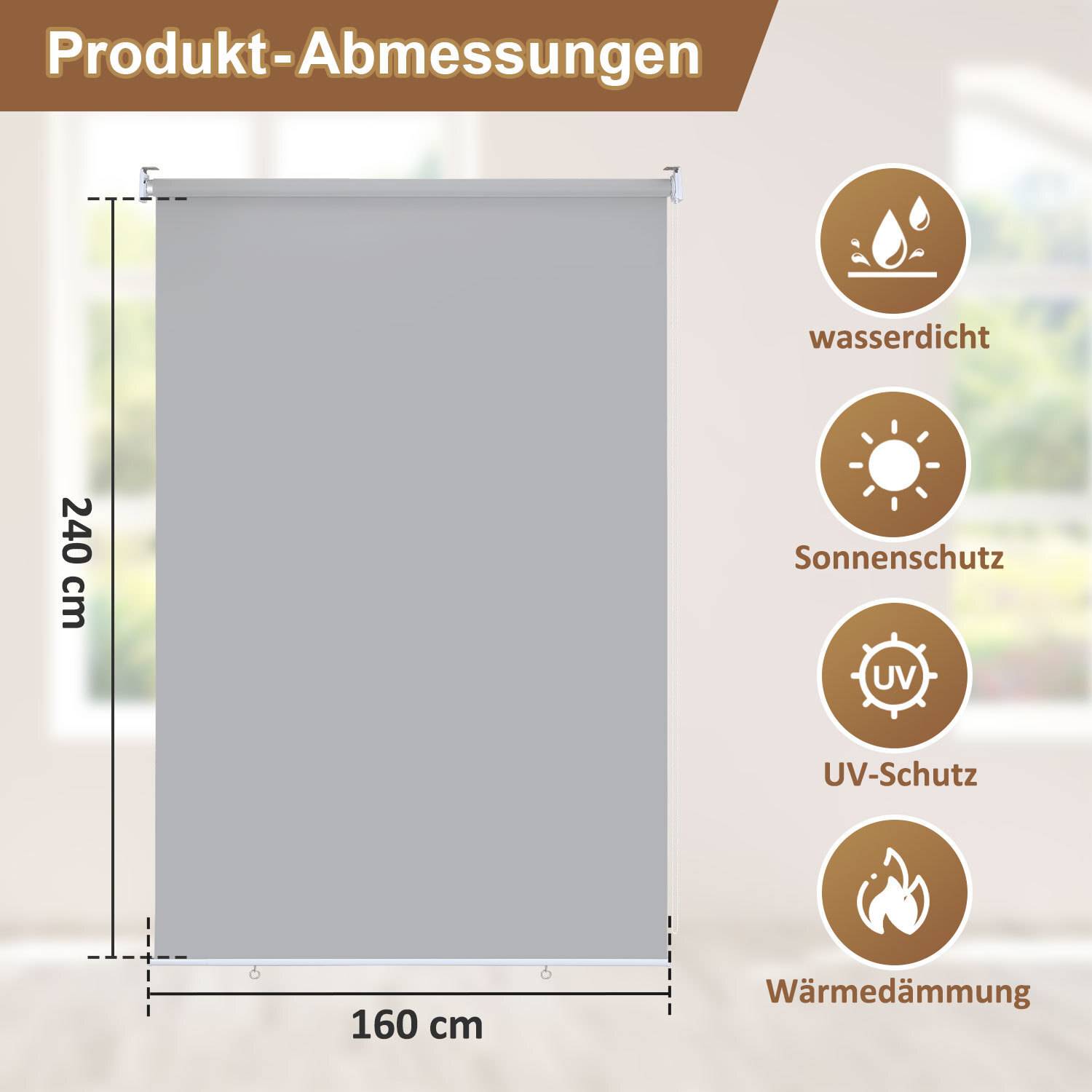 Rollo-Abmessungen sind 240 cm x 160 cm. Zu den Eigenschaften gehören wasserdicht, Sonnenschutz, UV-Schutz und Wärmedämmung.