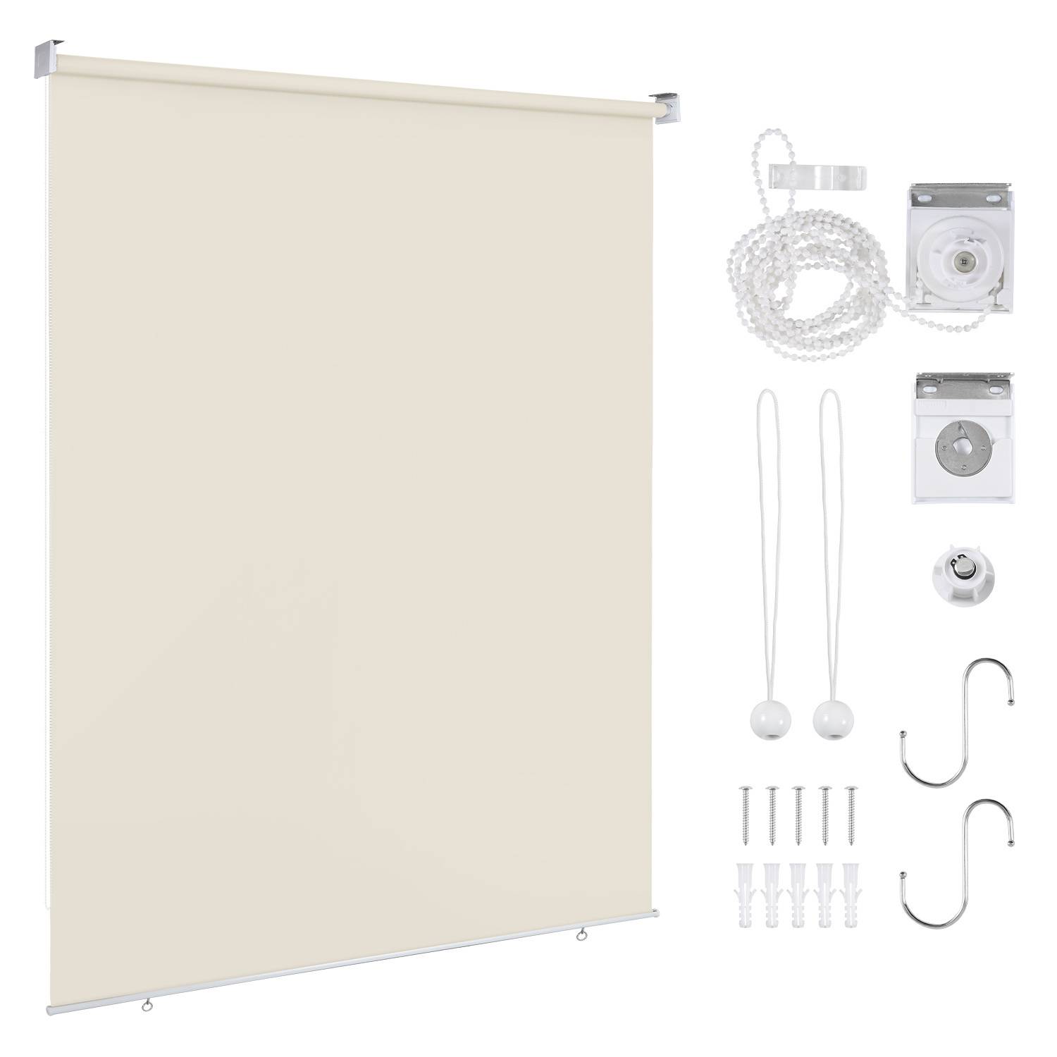 Rollladenset enthält einen cremefarbenen Rollo, Zugkette, Wandhalterungen, Haken, Schrauben und Montagezubehör für die Installation.