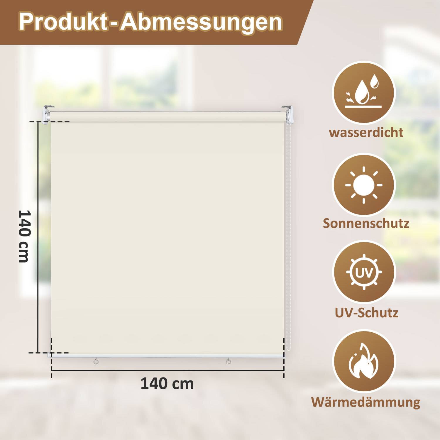 Produkt-Abmessungen' Banner mit einem beigen Bildschirm mit den Maßen 140 cm x 140 cm. Symbole zeigen an, dass er wasserdicht, sonnenschützend, UV-schützend und isolierend ist.