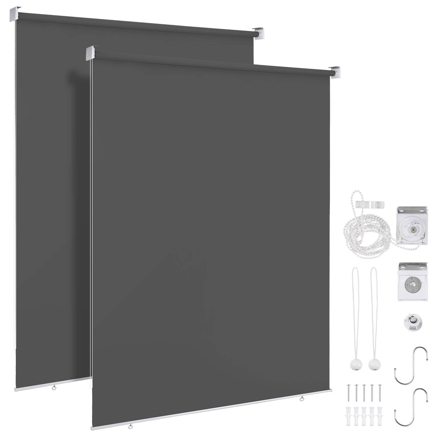 Zwei dunkelgraue Rollos mit Installationszubehör, einschließlich Schnüren, Rollen, Haken und Wandhalterungen, werden präsentiert.