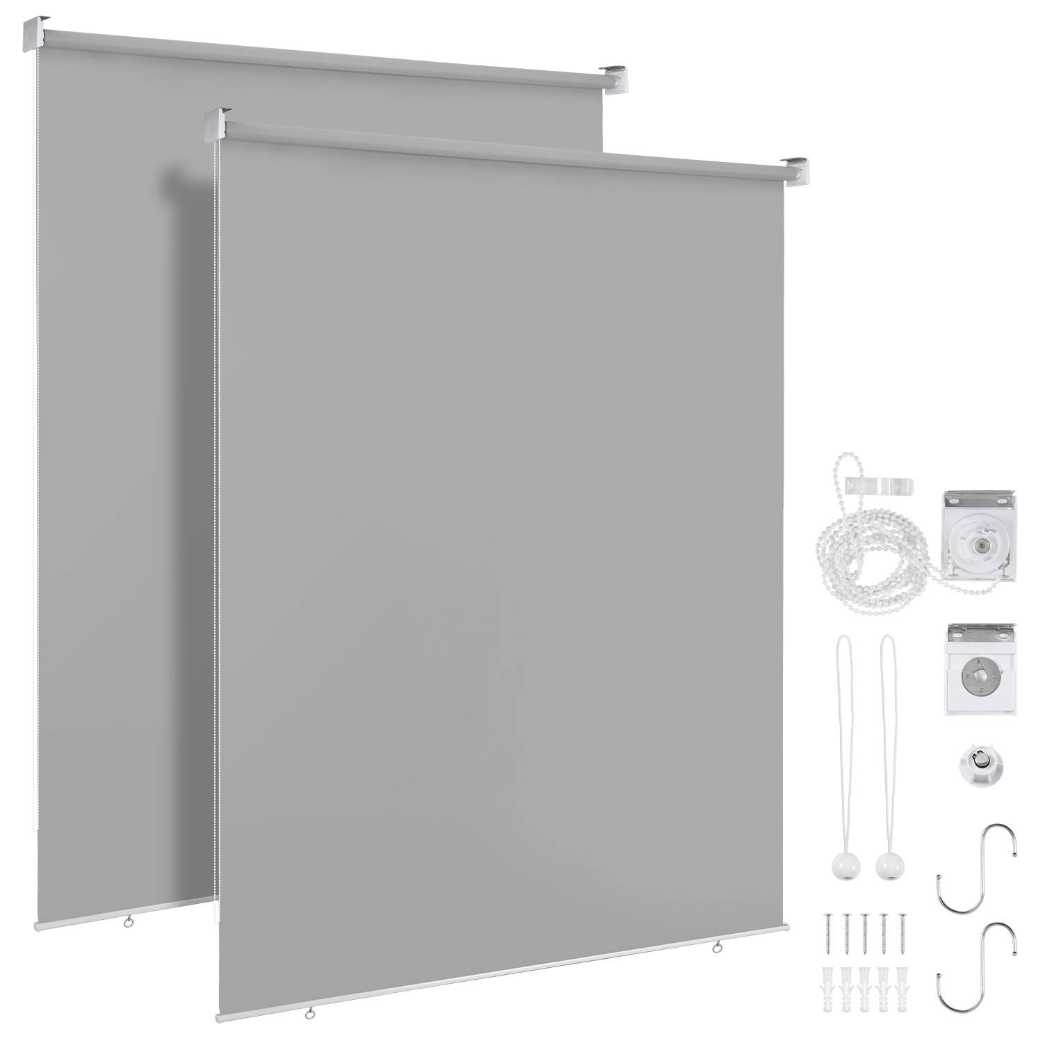 Zwei graue Rollläden mit Installationszubehör, einschließlich Halterungen, Schnüren, Dübeln, Haken und einem Umlaufsystem.