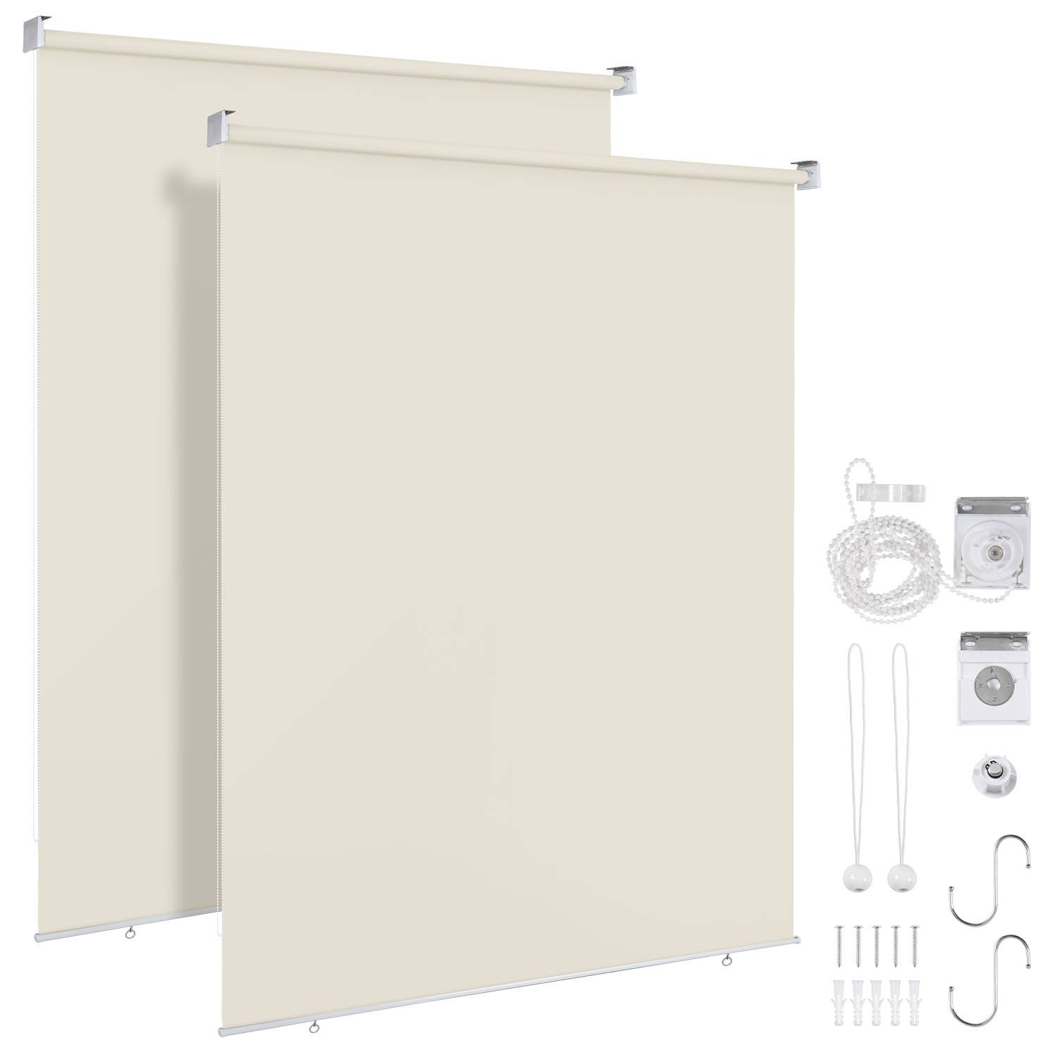 Zwei cremefarbene Rollläden mit Befestigungsmaterial, einziehbaren Schnüren und Haken. Geeignet für Fenstersonnenschutz und Privatsphäre.