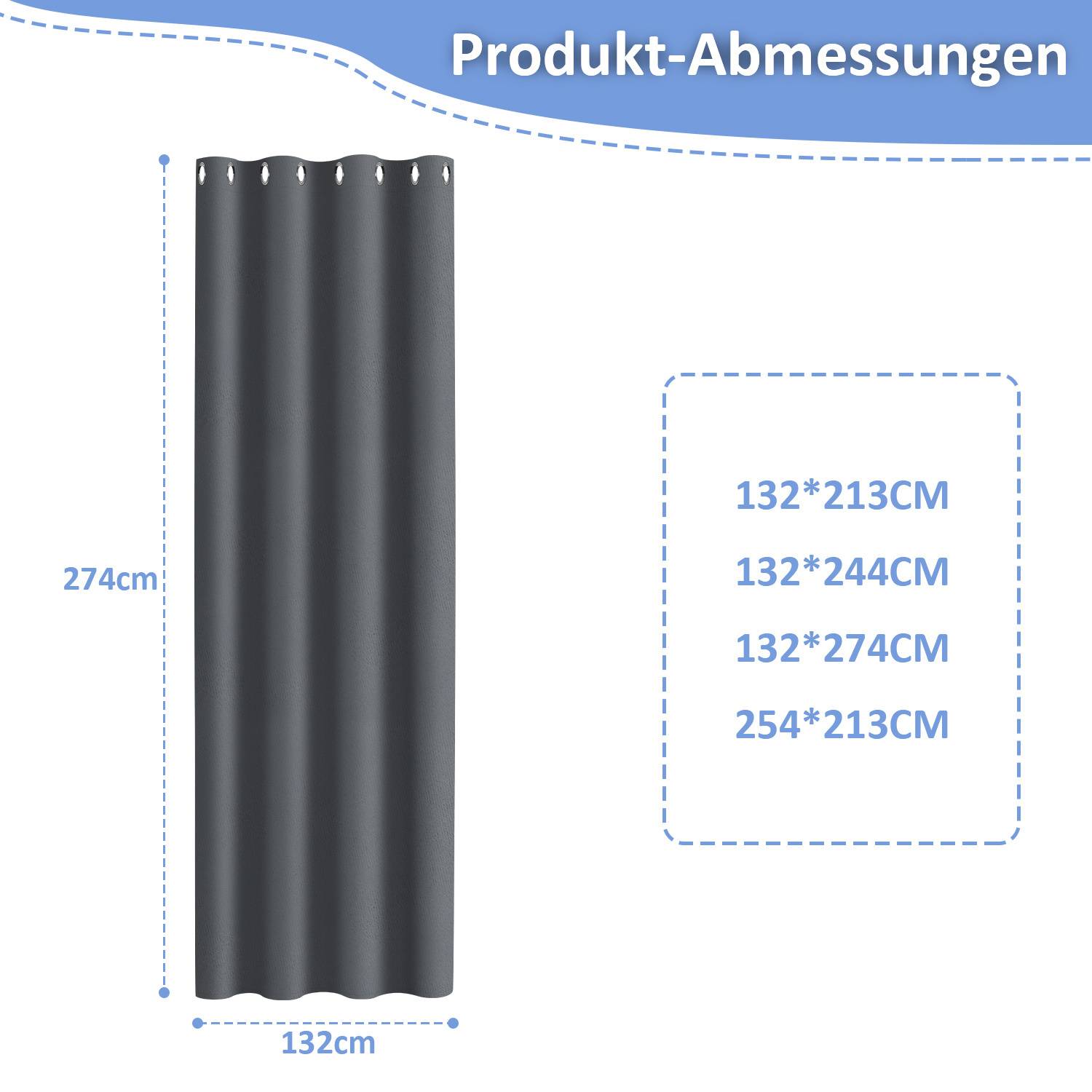 Ein dunkler Vorhang misst 132 cm breit und 274 cm hoch. Andere verfügbare Größen sind als '132*213 CM', '132*244 CM' und '254*213 CM' aufgeführt.