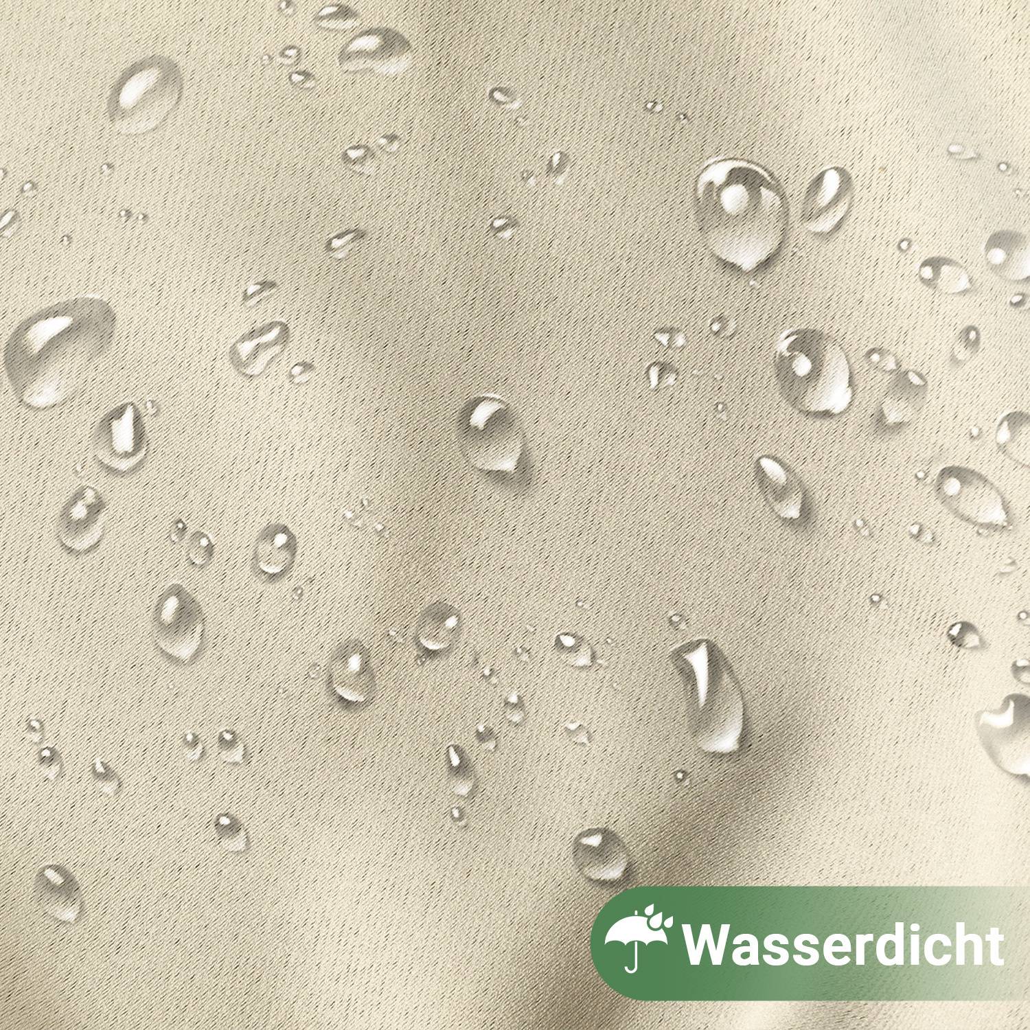Wassertropfen auf beigefarbenem Stoff; Text liest sich 'Wasserdicht' in einer grünen Box mit einem Wassertropfen-Symbol, was wasserdichtes Material anzeigt.