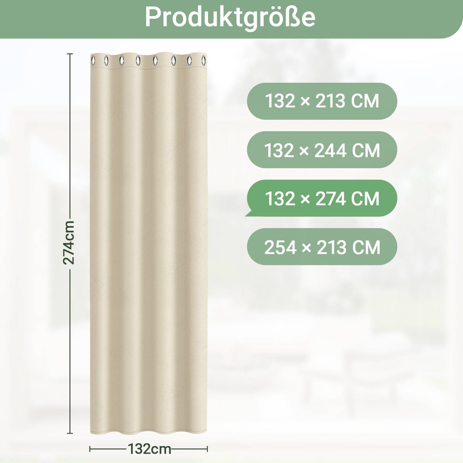 Das Bild zeigt einen beigen Vorhang mit vier Größenoptionen: '132 x 213 CM', '132 x 244 CM', '132 x 274 CM' und '254 x 213 CM'.