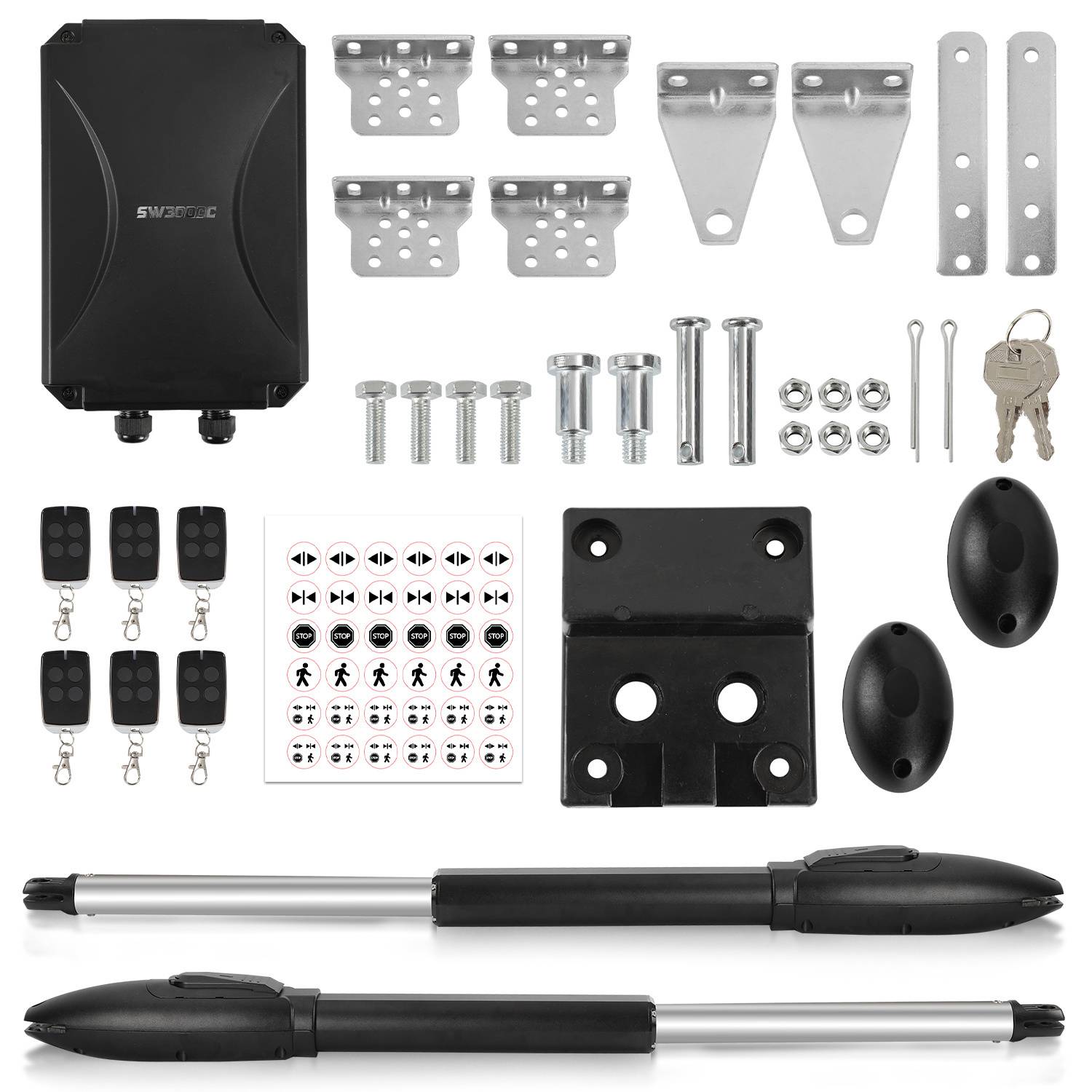 Toröffner-Set: umfasst Steuerungsgehäuse, Befestigungshalterungen, Bolzen, Schrauben, Fernbedienungen, Schlüssel und Sensoren für automatischen Torantrieb.