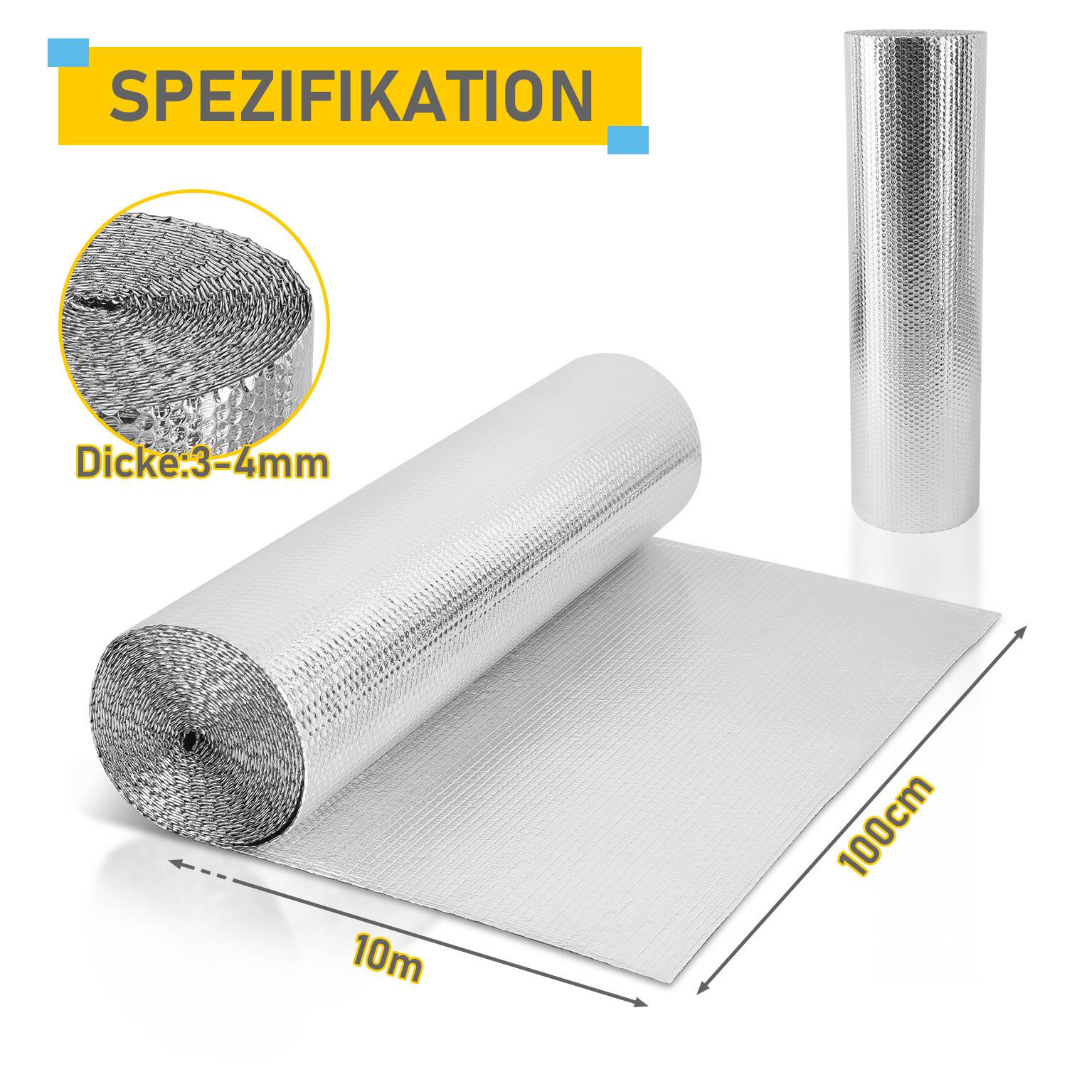Rolle aus Silber-Isoliermaterial mit Maßen von 10m x 100cm, Dicke 3-4mm, dargestellt in gerolltem und ausgerolltem Zustand.