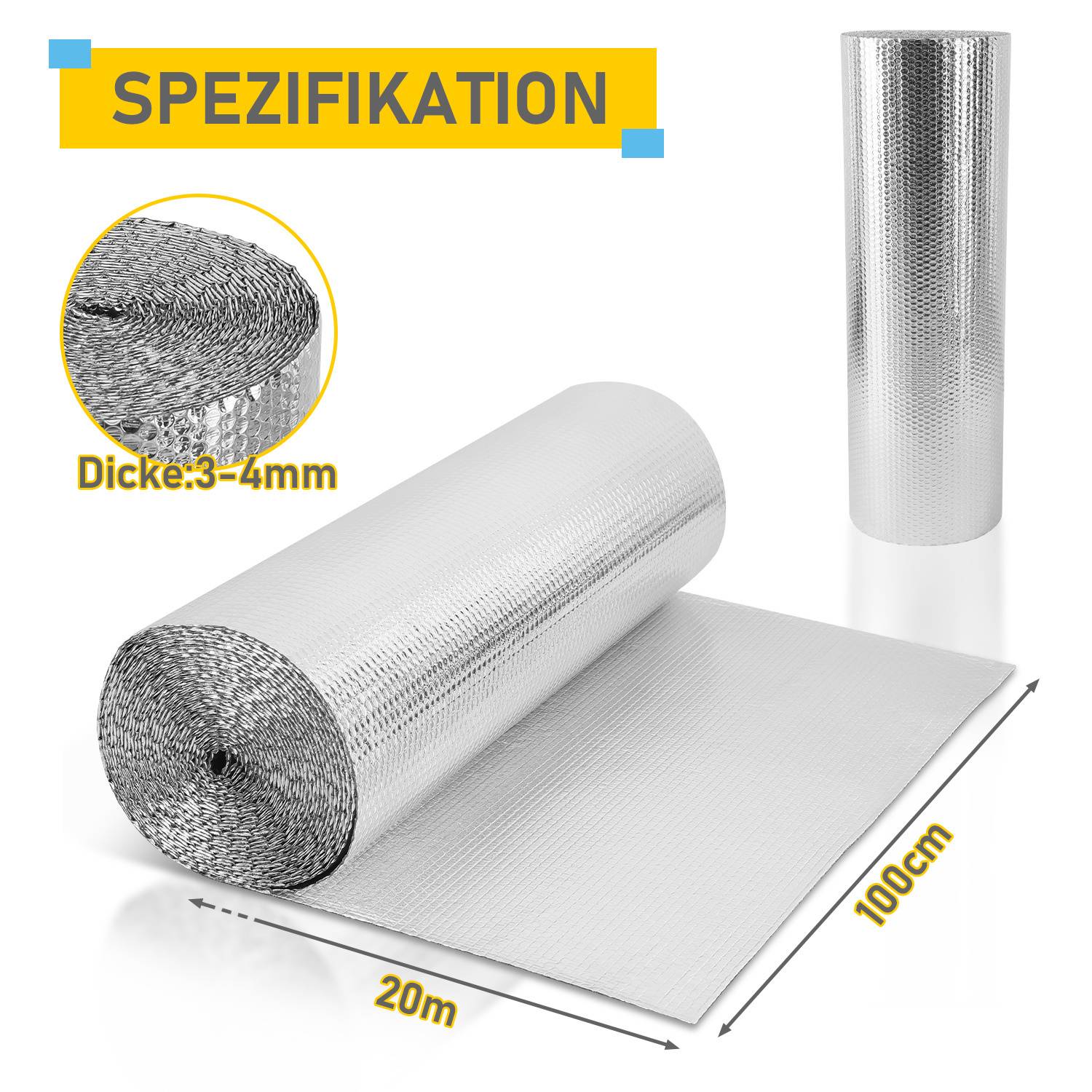 Silberne reflektierende Isolierrolle mit Beschriftung 'Spezifikation' und einer Dicke von 3-4 mm, Abmessungen 20 m mal 100 cm, ausgerollt und aufgerollt dargestellt.