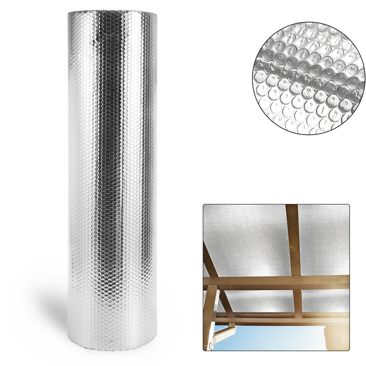 Eine Rolle reflektierender Luftpolsterfolie wird gezeigt. Eingesetzte Bilder zeigen ihre Textur und Anwendung auf Pergola-Bedachung. Ideal zur Wärmereduzierung.