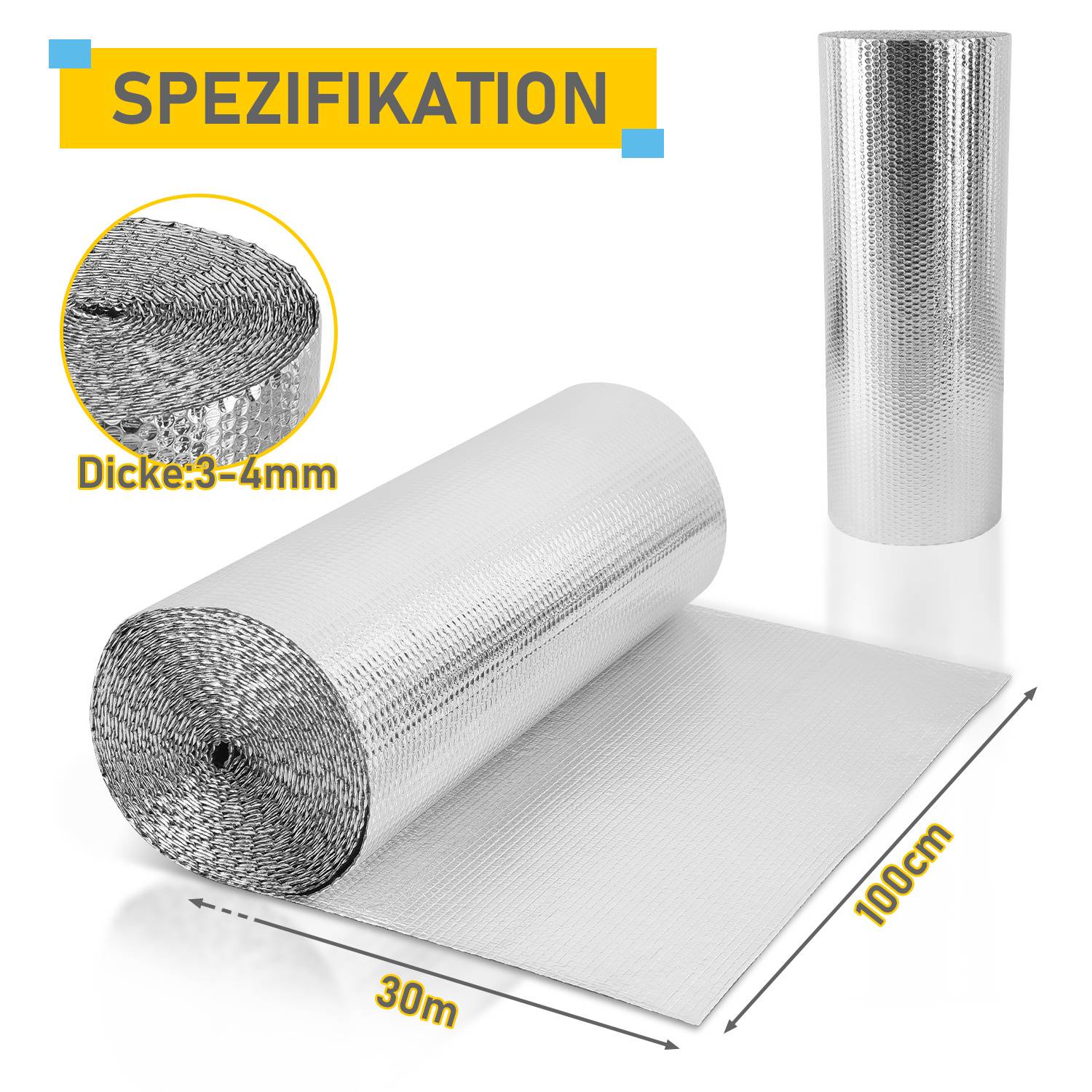 Produktspezifikation-Bild mit einer reflektierenden Rollmatte mit der Bezeichnung „SPEZIFICATION", Dicke 3-4 mm, Größe 30 m x 100 cm.