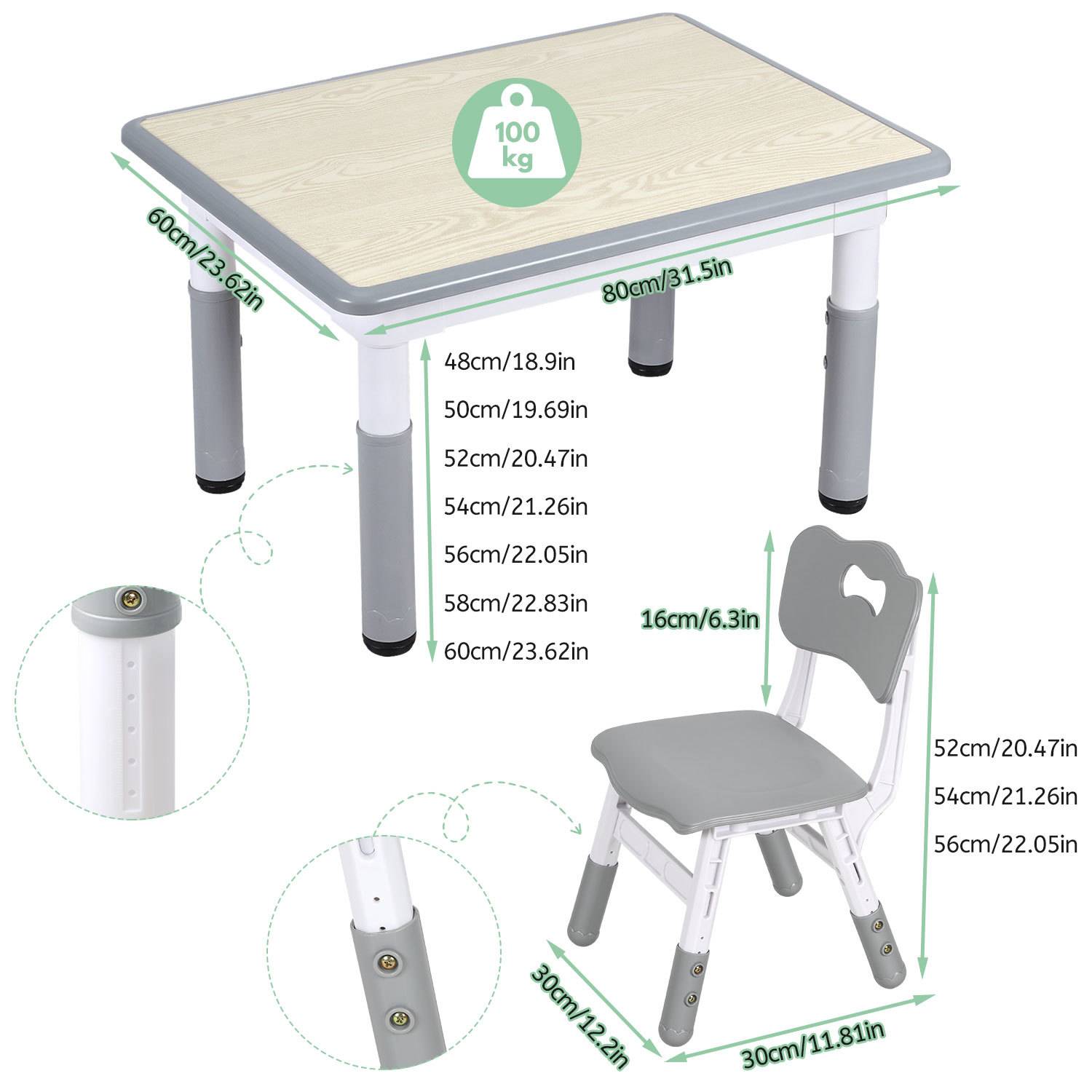 Verstellbares Tisch- und Stuhlset mit einer Tischbelastungsgrenze von 100 kg; der Tisch misst 80 x 60 cm und die Stühle verfügen über verstellbare Höhen und Abmessungen.