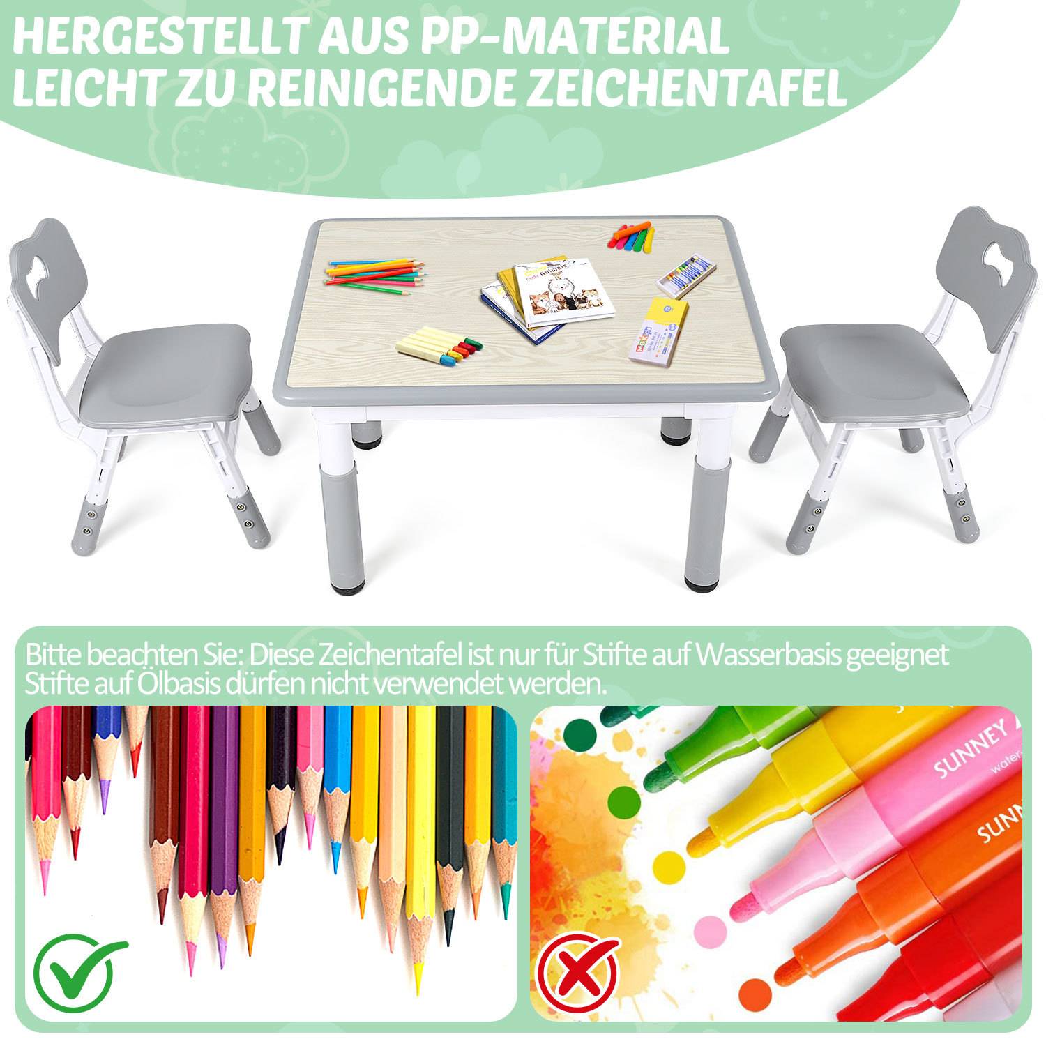 Kindertisch und zwei Stühle mit Stiften und Notizbüchern; der Text besagt, PP-Material, leicht zu reinigen, und verwenden Sie nur Stifte auf Wasserbasis, keine Stifte auf Ölbasis.
