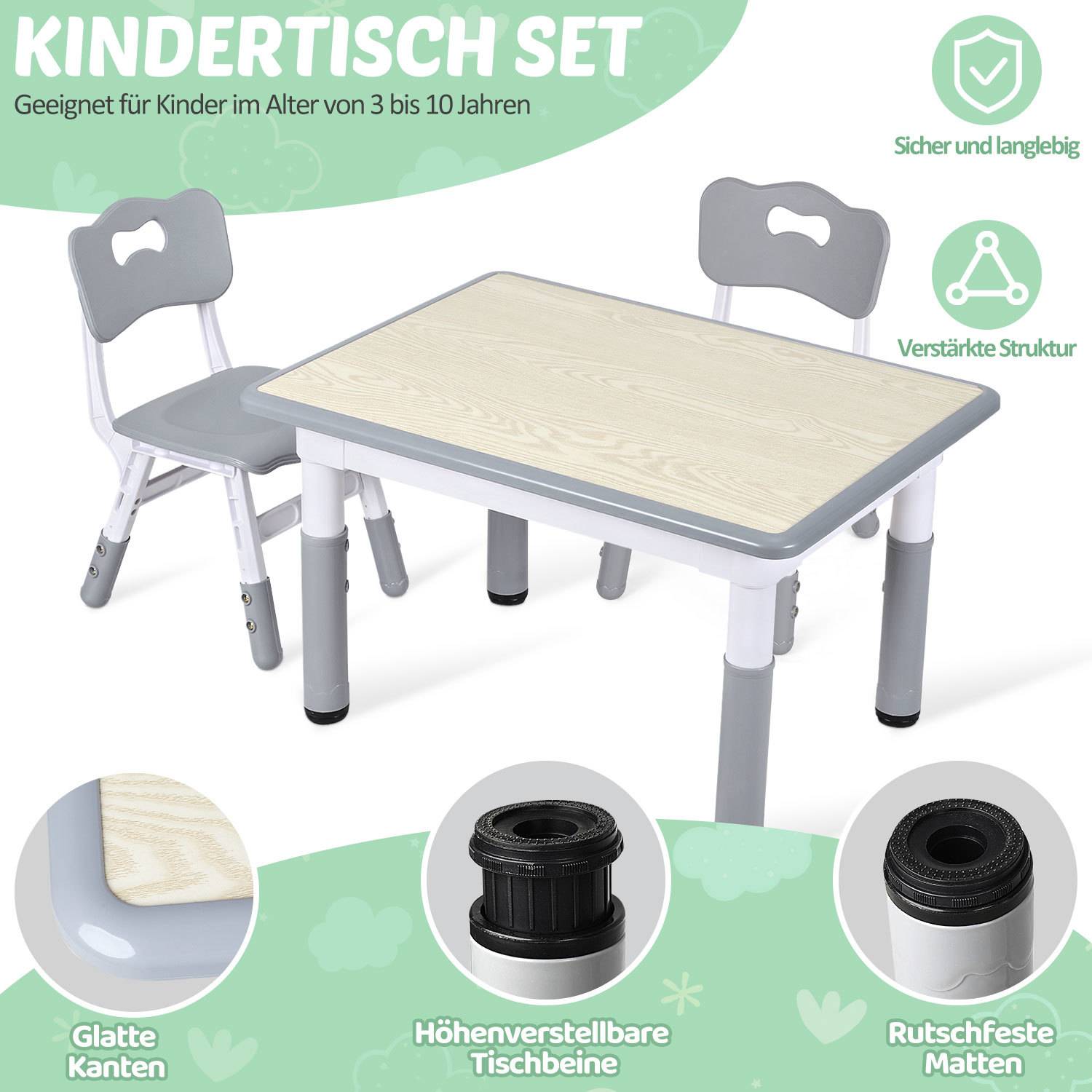 Kindertisch mit zwei grauen Stühlen, gezeigt mit deutschen Beschriftungen, die sichere, robuste, höhenverstellbare und rutschfeste Eigenschaften hervorheben.