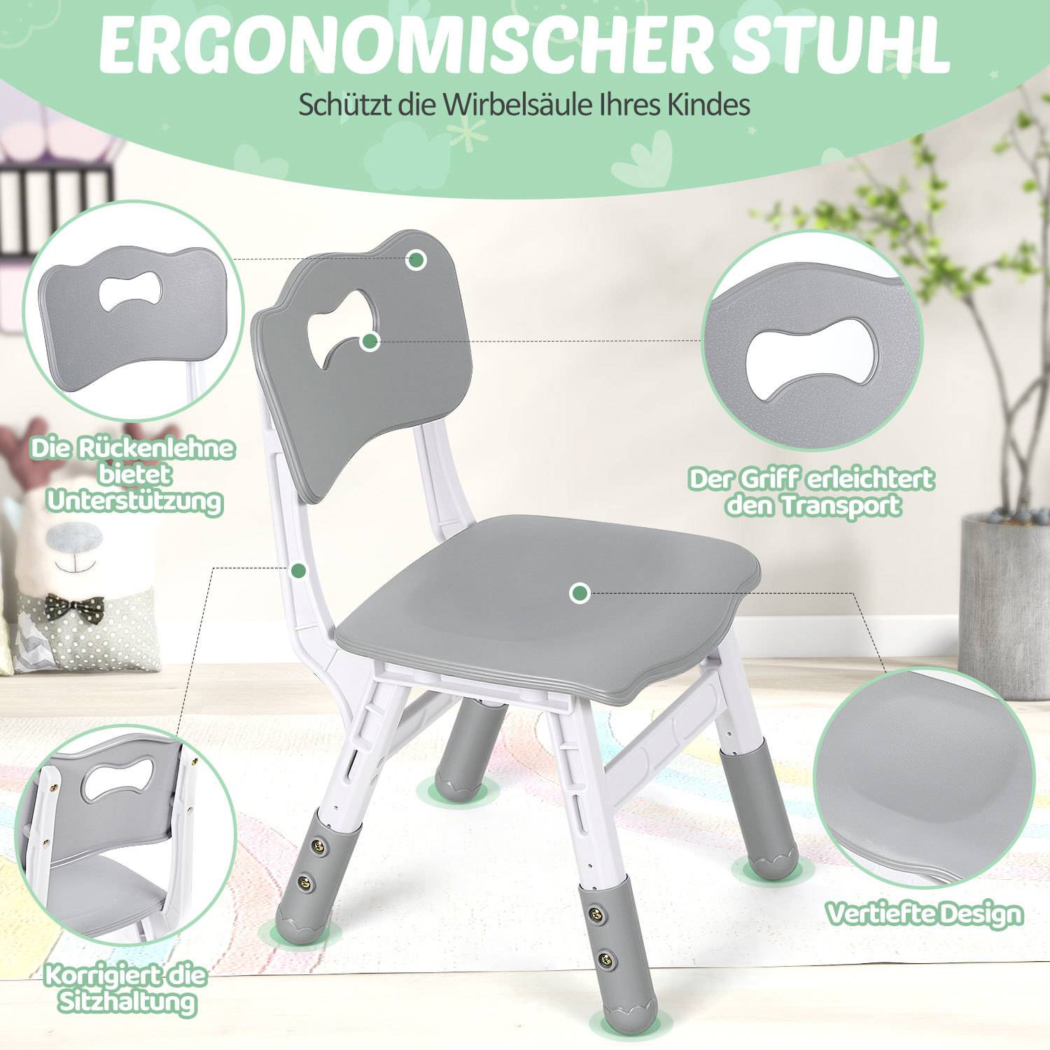 Infografik eines ergonomischen Kinderstuhls mit Rückenstütze, Tragegriff, Haltungskorrektur und tiefem Sitzplatz; Text besagt „ERGONOMISCHER STUHL" und „Schützt die Wirbelsäule Ihres Kindes"".