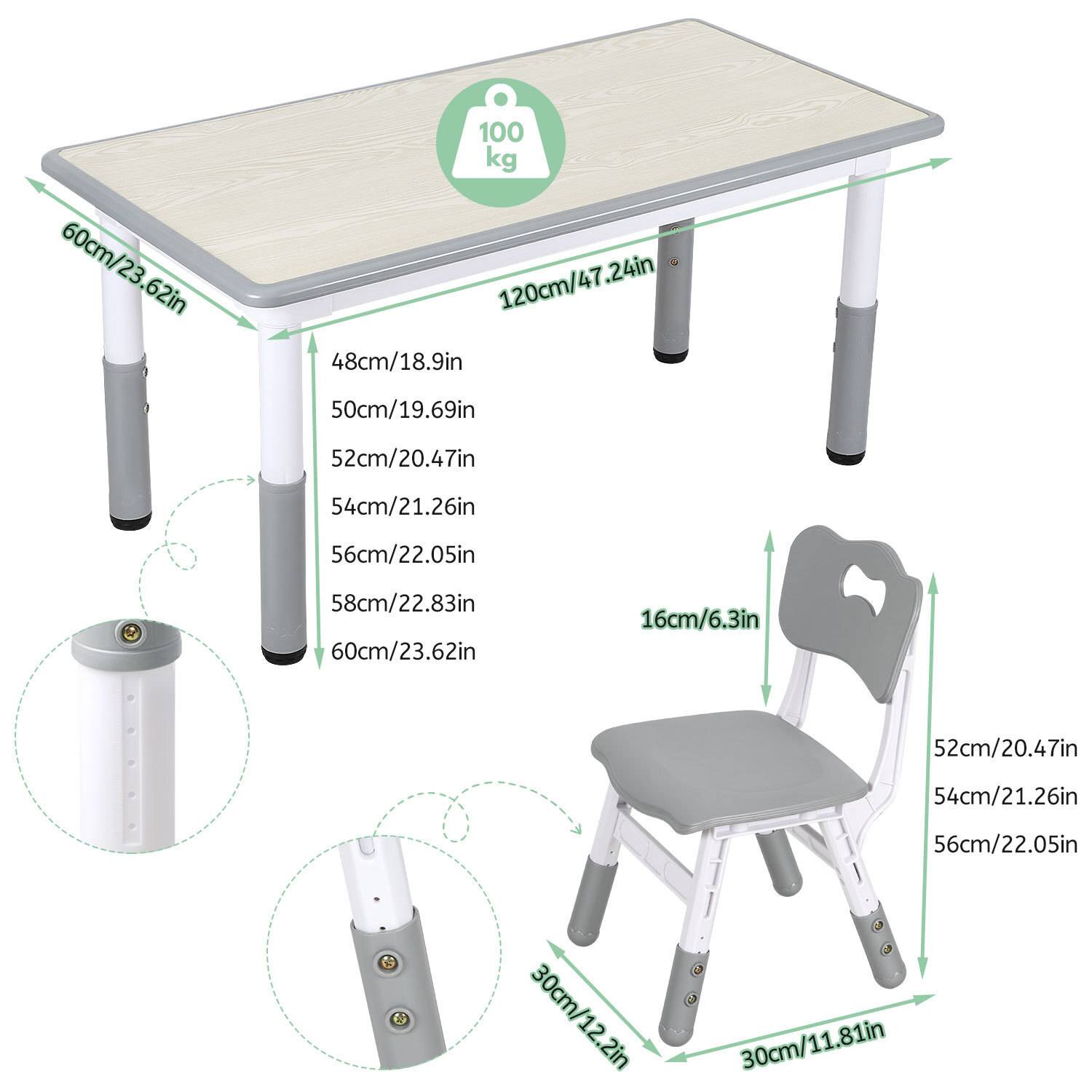 Ein Kinder-Tisch- und Stuhlset mit verstellbaren Beinen; Tischgröße 120 cm x 60 cm, Höhe 48-60 cm; Stuhllehne 30-36 cm, Gewichtslimit 100 kg.