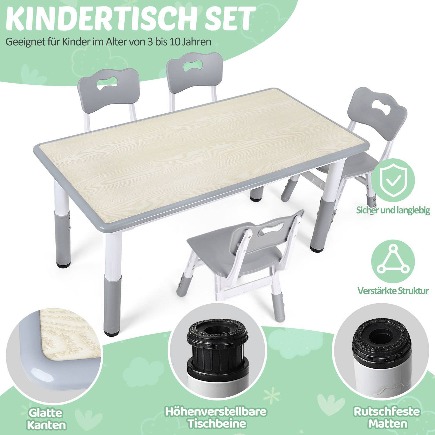Kindertischset für Alter 3 bis 10 Jahre, beinhaltet Tisch und Stühle mit abgerundeten Kanten, höhenverstellbar, stabile Konstruktion, rutschfeste Füße.