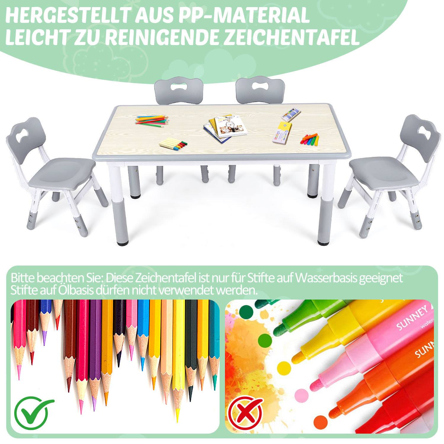 Tisch mit vier Stühlen für Kinder, farbige Stifte auf dem Tisch. Hinweis: 'Nur wasserbasierte Marker verwenden' mit einem roten Kreuz und einem grünen Häkchen.