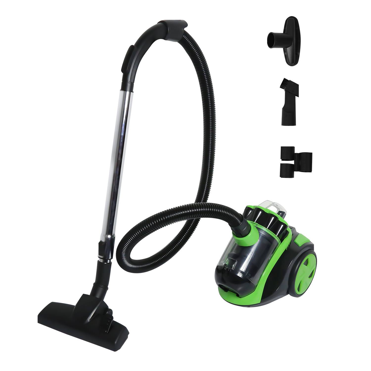 Ein grüner und schwarzer Staubsauger mit flexiblem Schlauch und mehreren Anbauteilen, einschließlich einer Bürste und einer Düse.