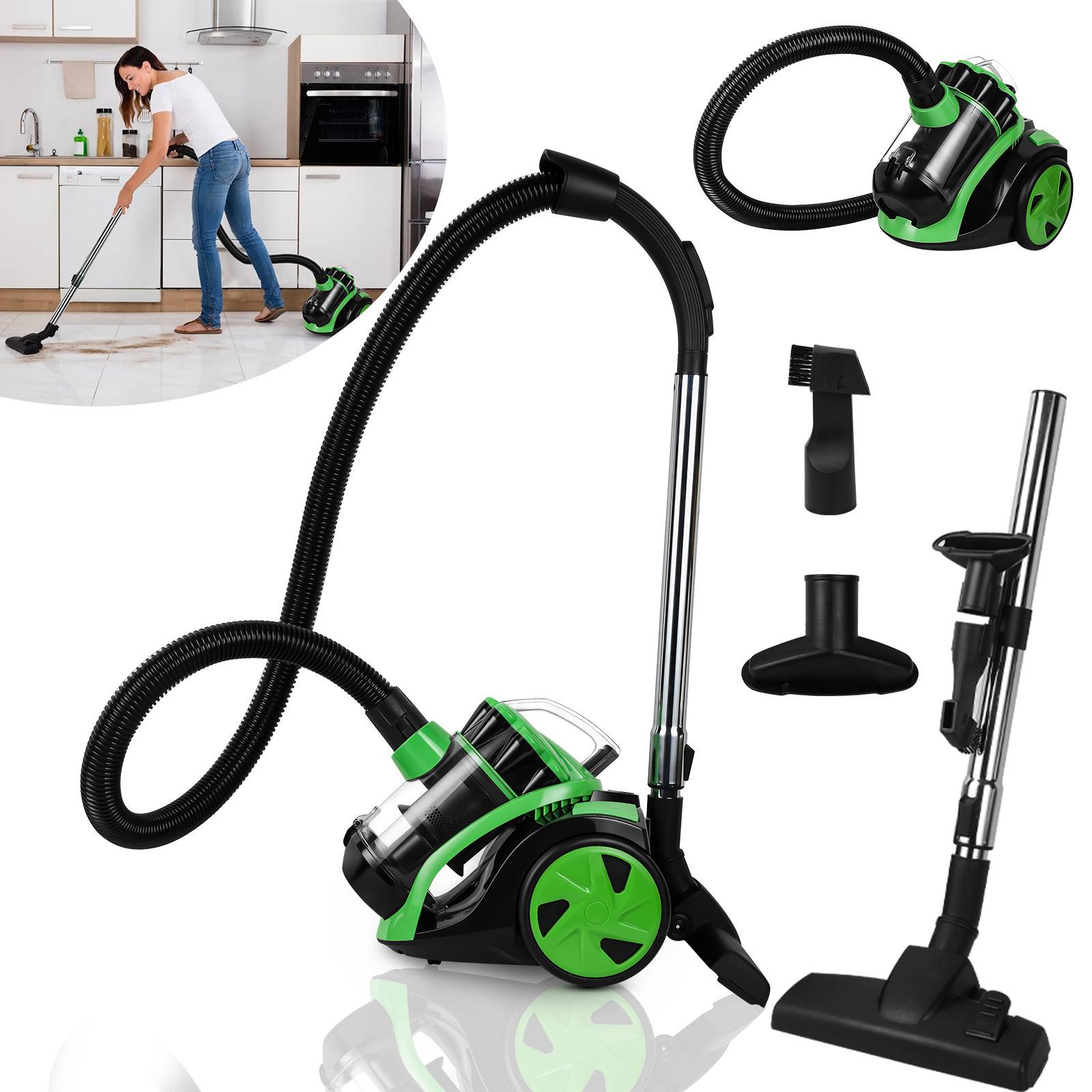 Eine Frau, die zu Hause Staubsaugt. Das Bild zeigt einen grün-schwarzen Staubsauger mit verschiedenen Aufsätzen und einem abnehmbaren Schlauch.