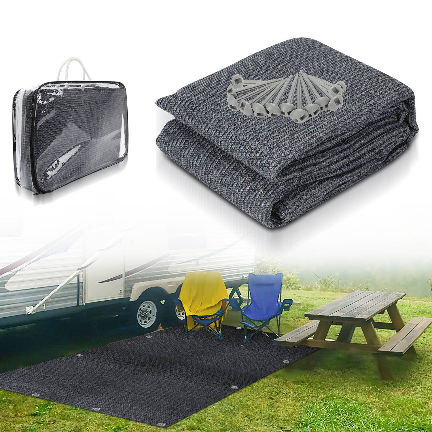 Camping-Aufbau im Freien mit einer grauen Matte, Stühlen und einem Picknicktisch neben einem Anhänger. Die Matte ist zusammenklappbar und wird mit Heringen geliefert.