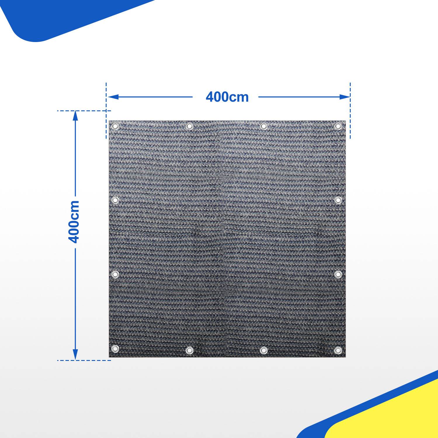 Eine quadratische Plane aus Stoff mit den Maßen '400cm x 400cm', ausgestattet mit Metallösen entlang der Kanten.