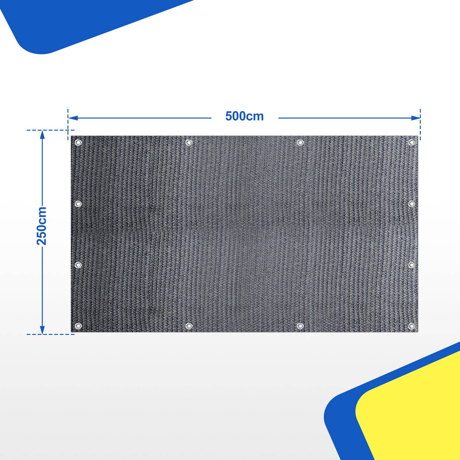 Eine rechteckige graue Meshplane mit den Maßen 500 cm x 250 cm, mit gleichmäßig entlang der Kanten verteilten Ösen. Blaue und gelbe diagonale Ecken.