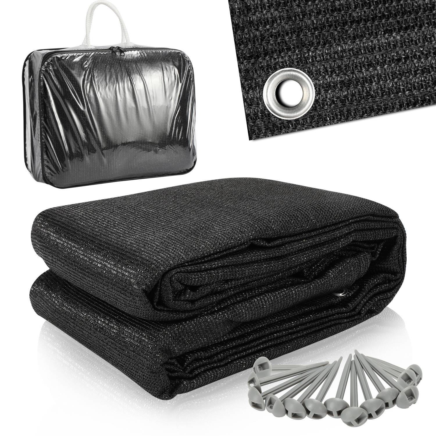 Schwarzes Schattentuchset mit Metallösen und Heringe; enthält gefaltetes Tuch und verpacktes Set. Geeignet für Garten- oder Außenbereich.