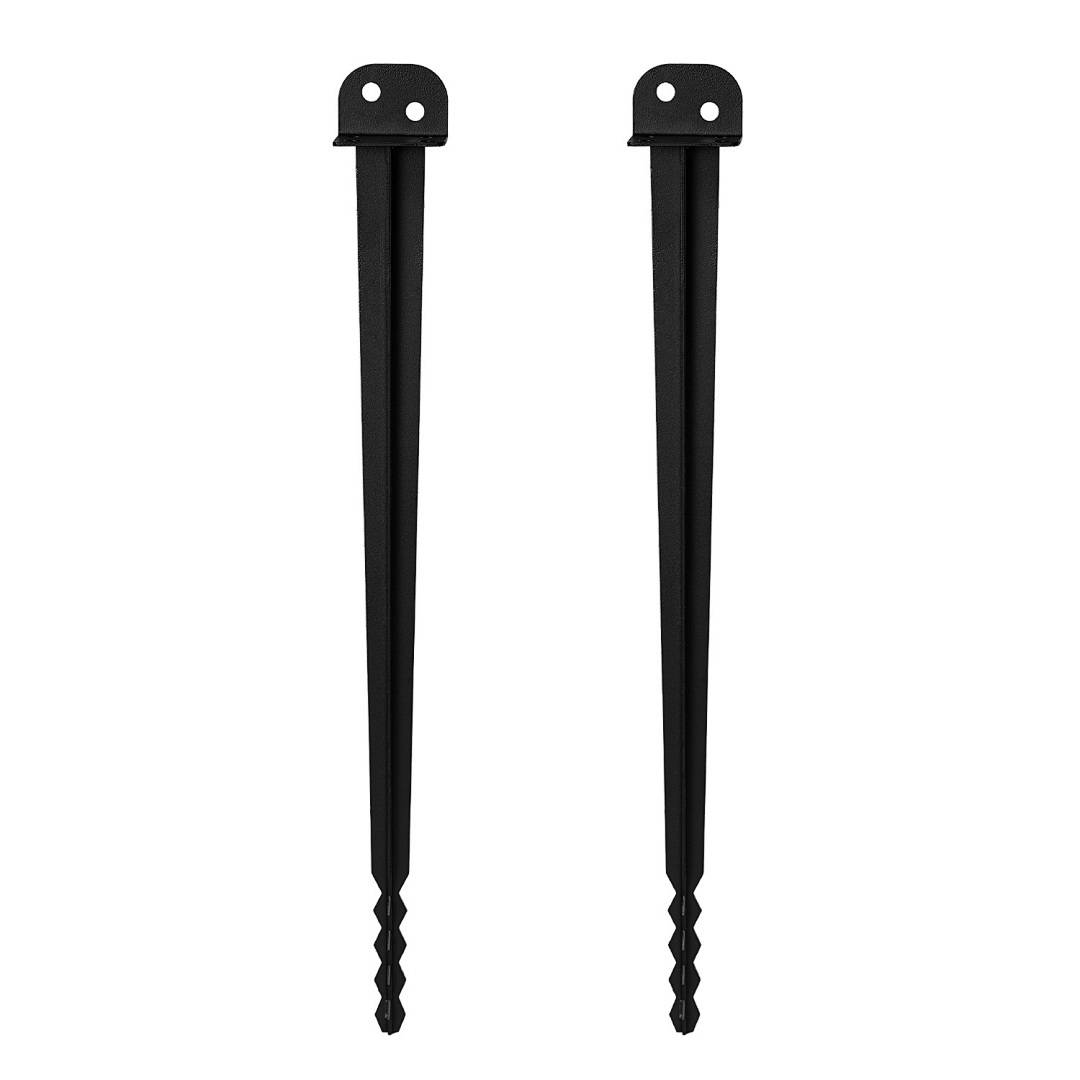 Zwei schwarze Metallheringe mit spitzen, gerillten Enden, die zum Befestigen von Gegenständen im Boden verwendet werden.