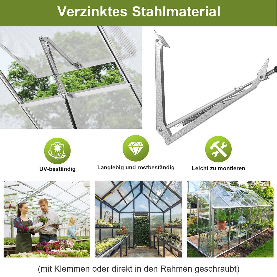 Verzinktes Stahlmaterial' Gewächshaus-Fensterband, UV-beständig, langlebig, einfach zu installieren. Bilder zeigen verschiedene Gewächshausaufstellungen.