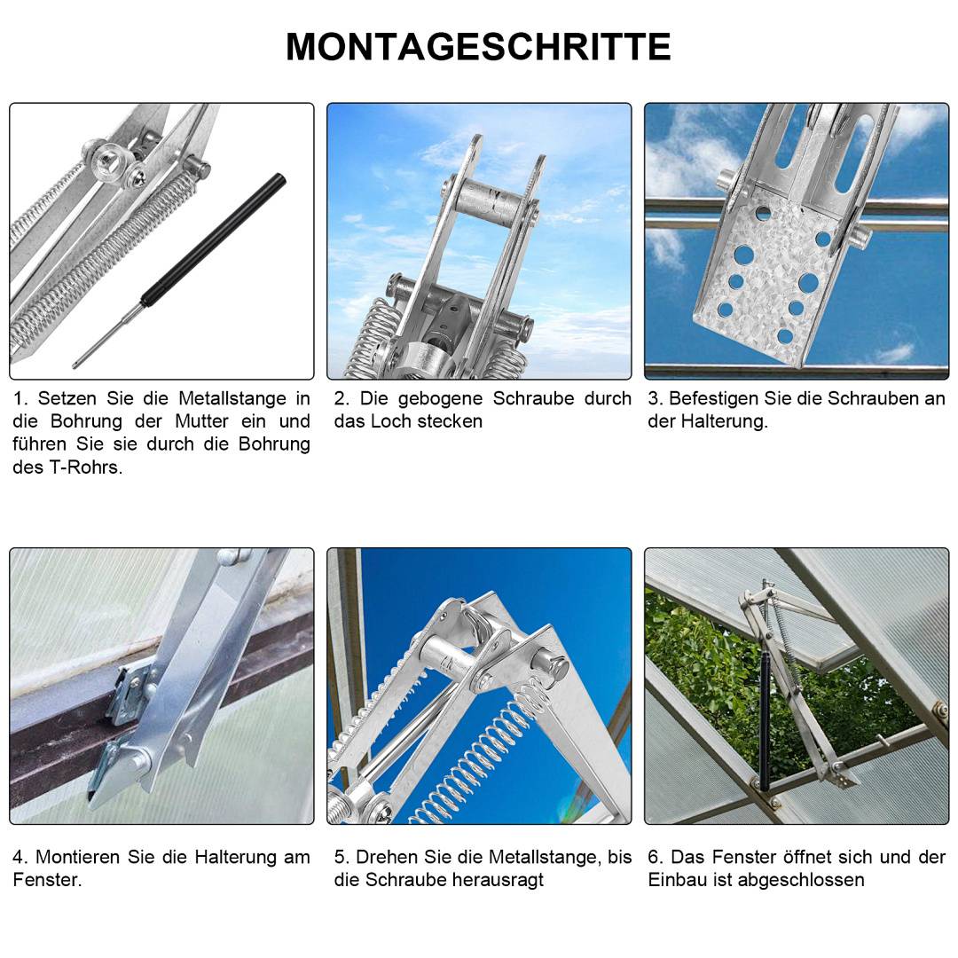 MONTAGESCHRITTE: Sechsteilige Anleitung zeigt Schritt-für-Schritt-Montage einer Befestigung mit Schrauben und Metallstangen für Fenstereinbau.