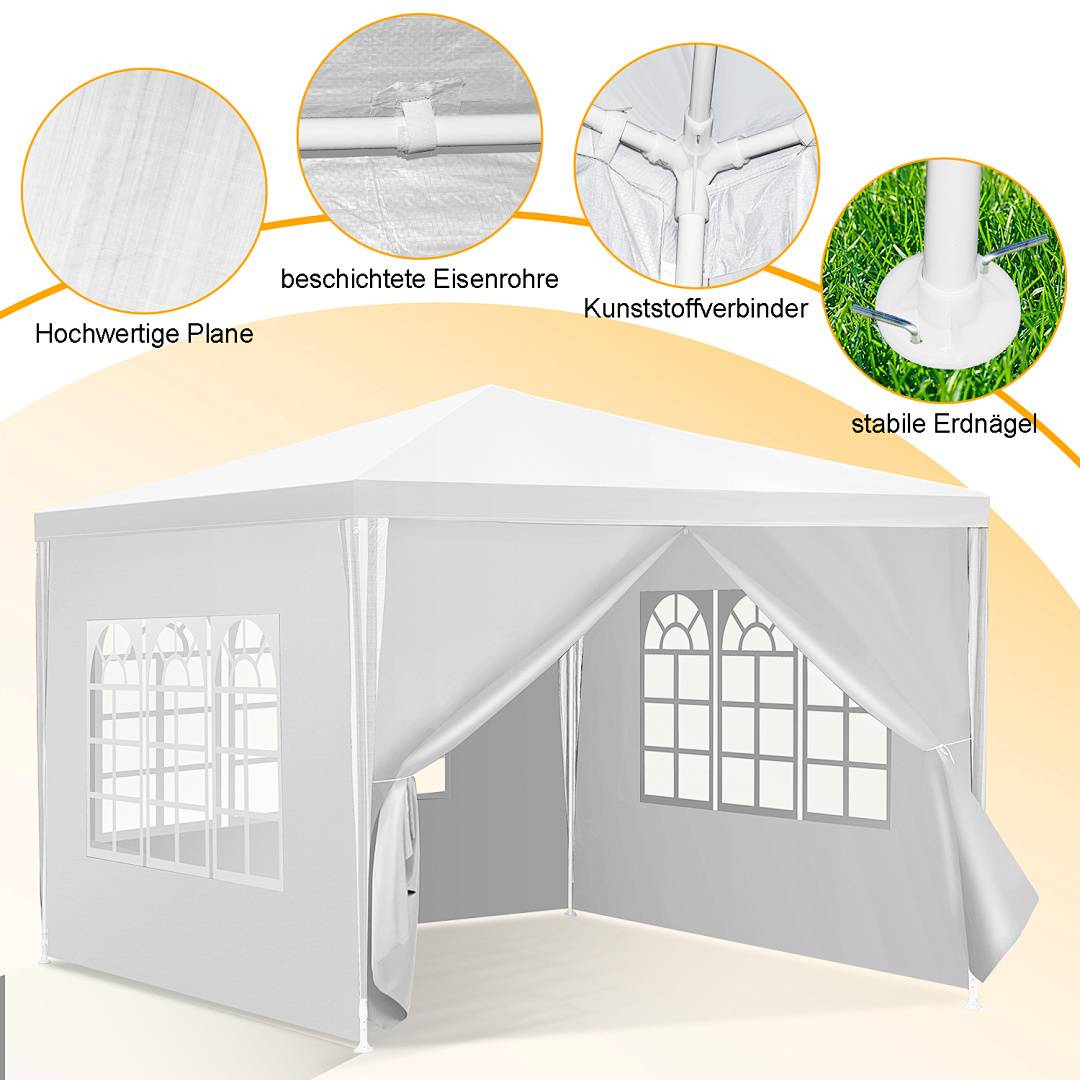 Ein weißes Outdoor-Zelt mit Seitenwänden und Bogenfenstern steht auf Gras. Einschübe zeigen Details der Leinwand, beschichteten Eisenstangen, Kunststoffverbinder und Erdheringe.
