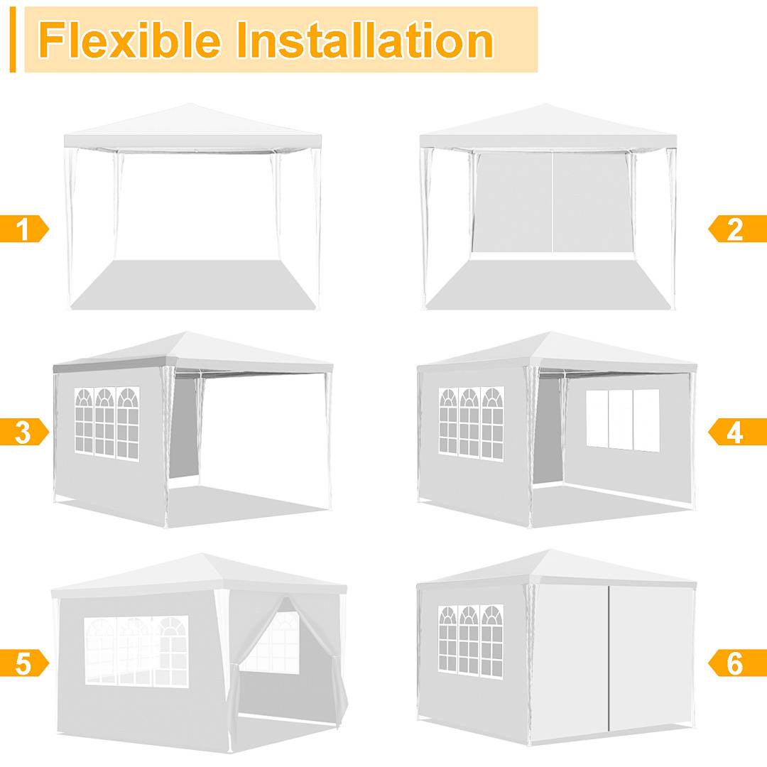 Diagramm, das sechs Zeltanordnungen von 1 bis 6 zeigt und verschiedene Fenster- und Türanordnungen unter der Überschrift 