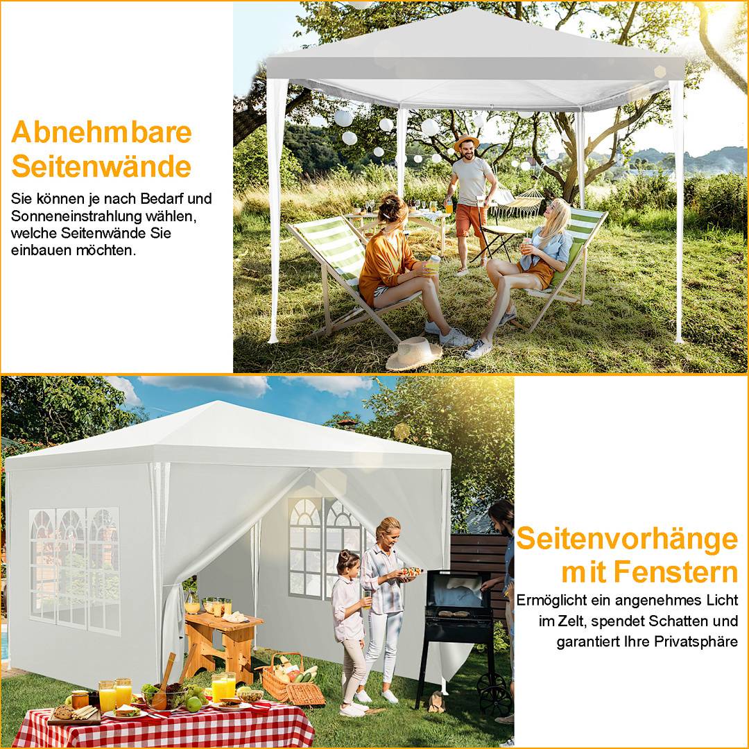 Ein weißes Pavillon-Zelt mit abnehmbaren Seitenwänden wird im Freien präsentiert. Eine Szene zeigt Menschen, die darin entspannen, eine andere präsentiert einen Aufbau für Privatsphäre mit Seitenvorhängen.