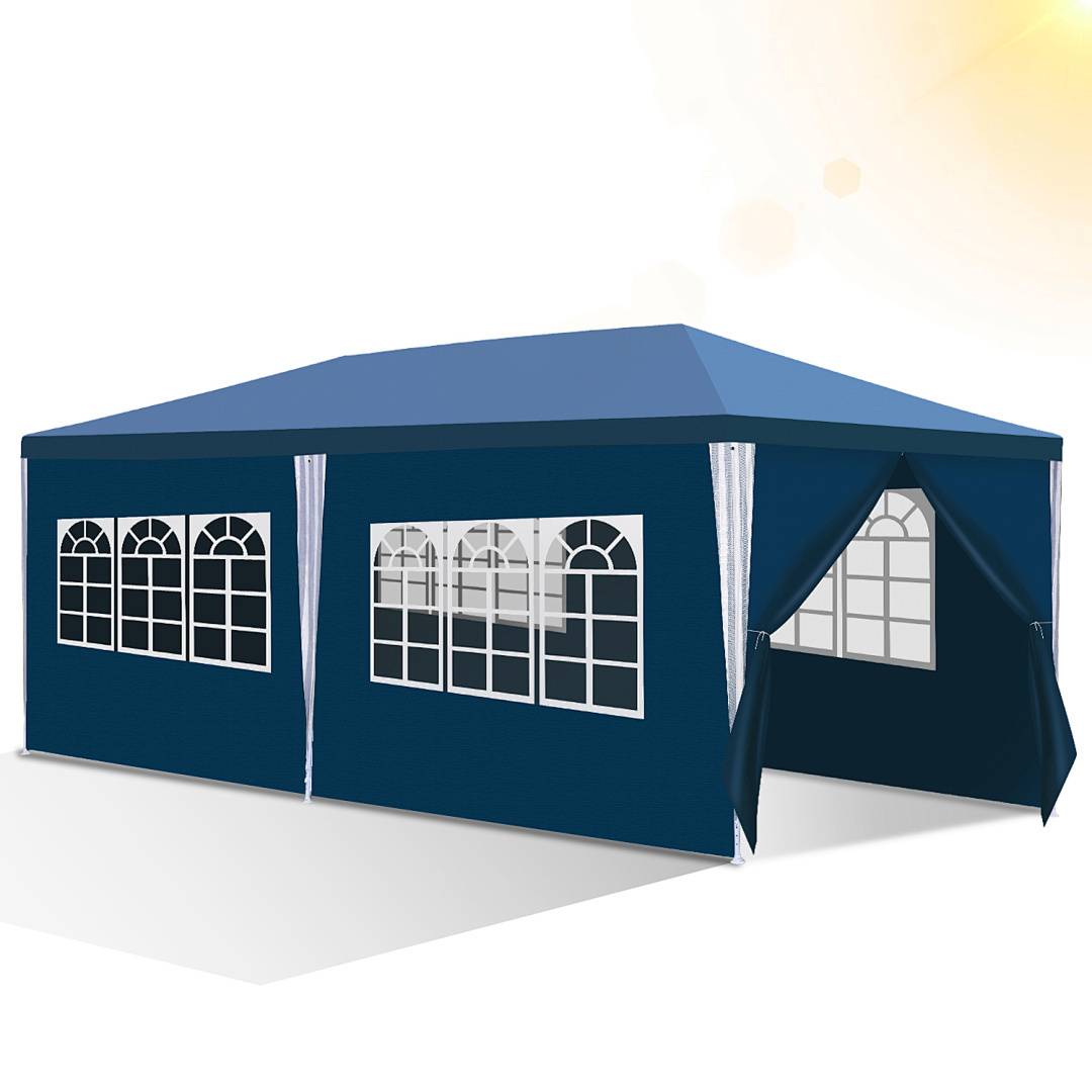 Ein blauer Outdoor-Partyzelt mit gewölbten Fenstern und offener Seiteneingang. Sonnenlicht fällt von der Ecke herein und deutet auf ein Tagesereignis hin.