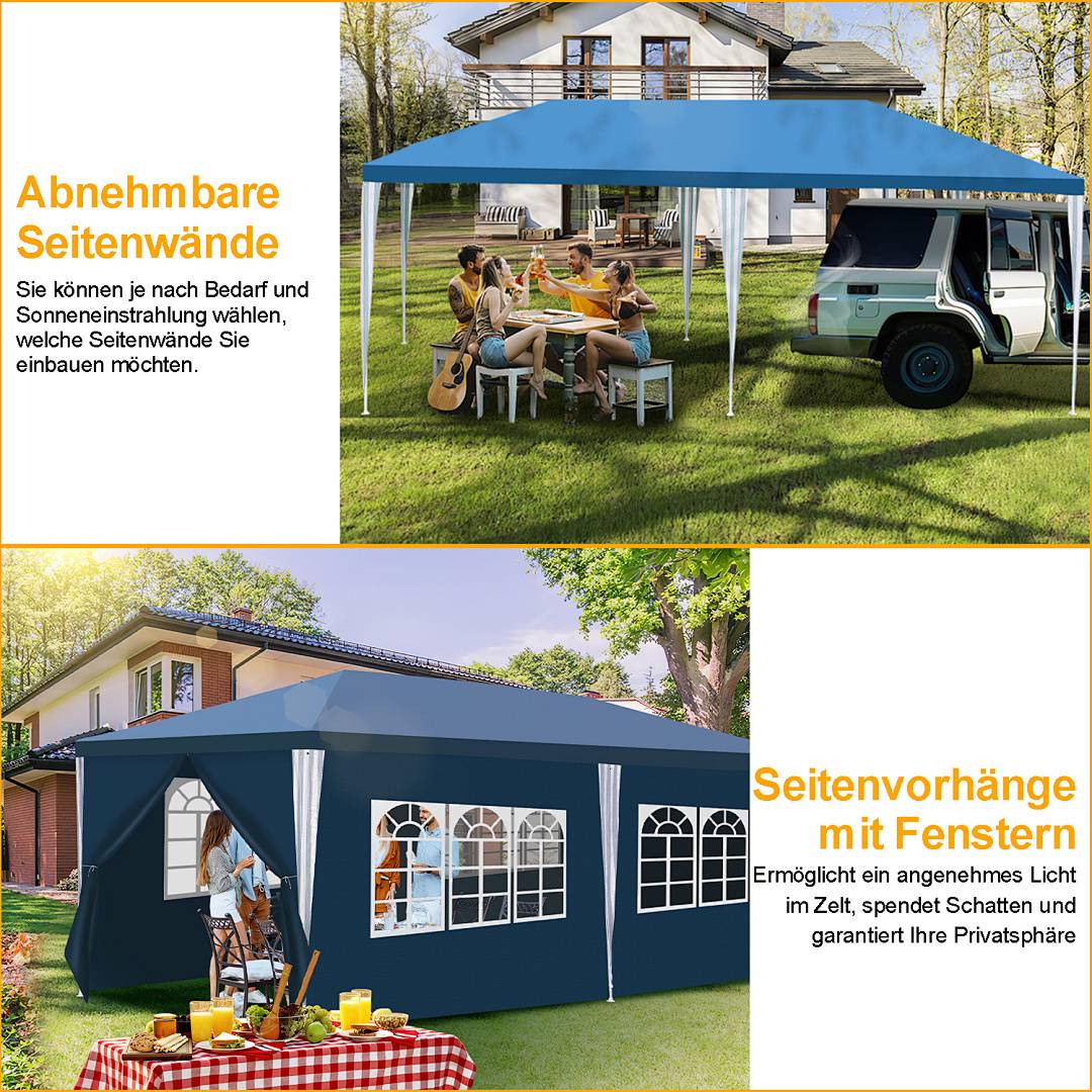 3 x 6 m Garten Pavillon mit 5 Seitenteilen tragbares wasserdichtes Zelt Partyzelt, blau