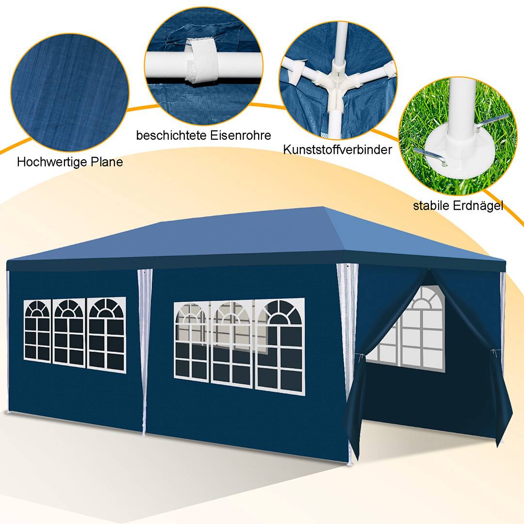 Blaues Outdoor-Zelt mit Fenstern und offenen Klappen. Einblendungen heben Merkmale hervor: hochwertige Stoff, Eisenstangen, Stoffverbinder, stabile Bodenpflöcke.