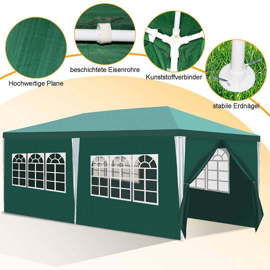 Grünes Outdoor-Zelt mit vier Fenstern und weißer Einfassung. Detaileinblendungen zeigen: 'Hochwertige Plane', 'beschichtete Eisenrohre', 'Kunststoffverbinder', 'stabile Erdnägel'.