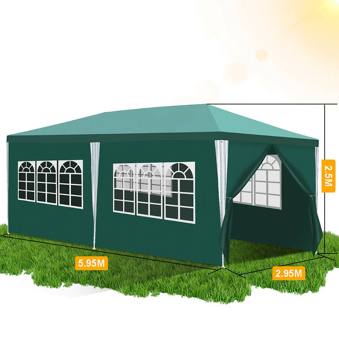 Grünes Outdoor-Pavillon-Zelt mit weißen Fensterpaneelen, misst 5,95 Meter in der Länge, 2,95 Meter in der Breite und 2,5 Meter in der Höhe.