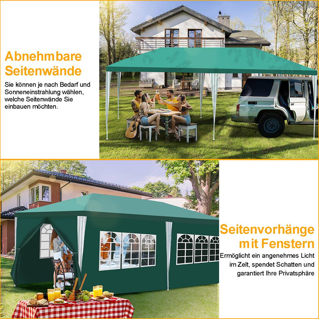 Oberes Bild: Ein grüner Outdoor-Pavillon mit abnehmbaren Seitenwänden. Menschen sitzen darunter in einer Gartenumgebung. Unteres Bild: Grünes Zelt mit Fenstervorhängen für Privatsphäre und Schatten.