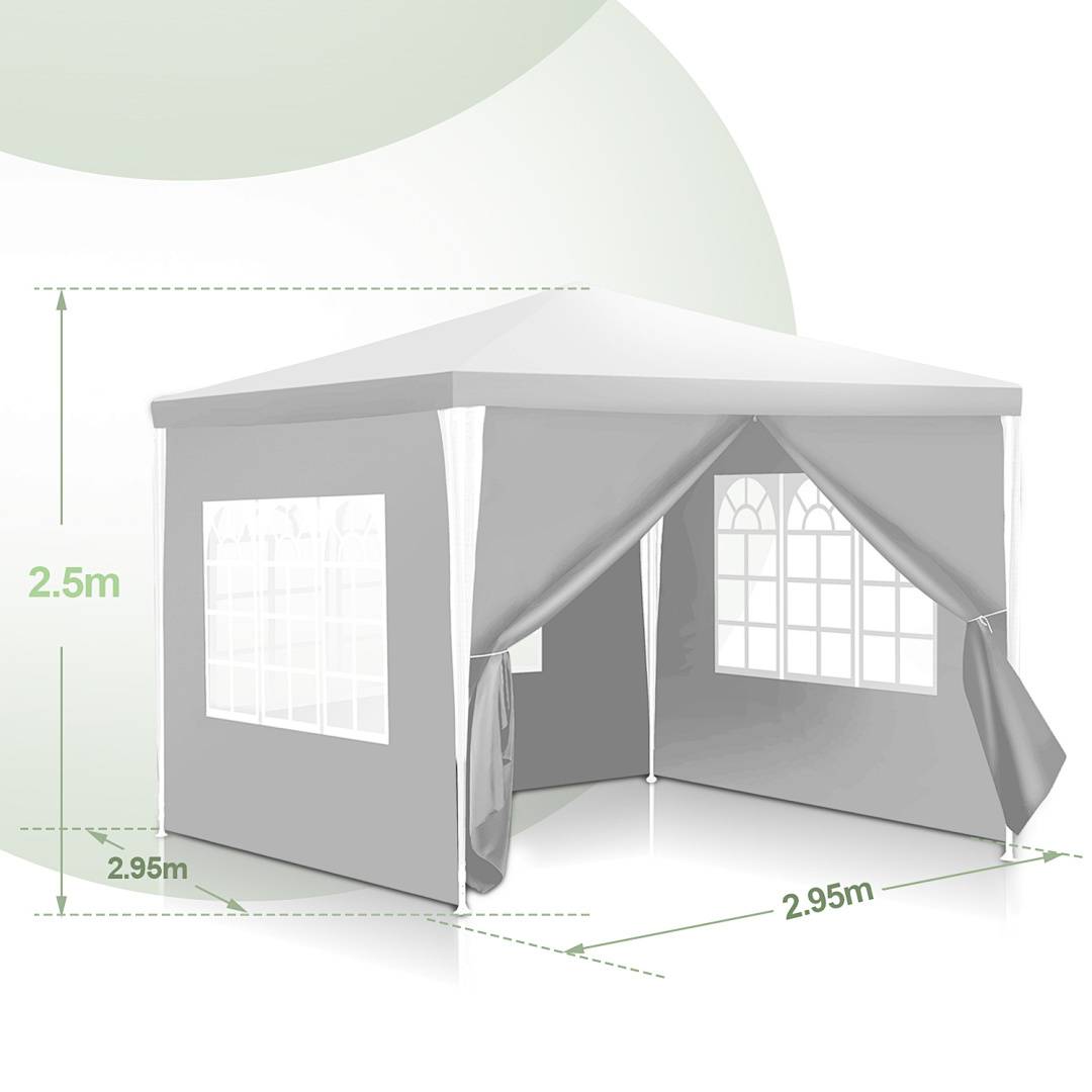 Ein großes weißes Zelt mit Seitenwänden, die Fenster aufweisen. Die Abmessungen sind angegeben: Höhe 2,5 Meter, Breite und Tiefe jeweils 2,95 Meter.
