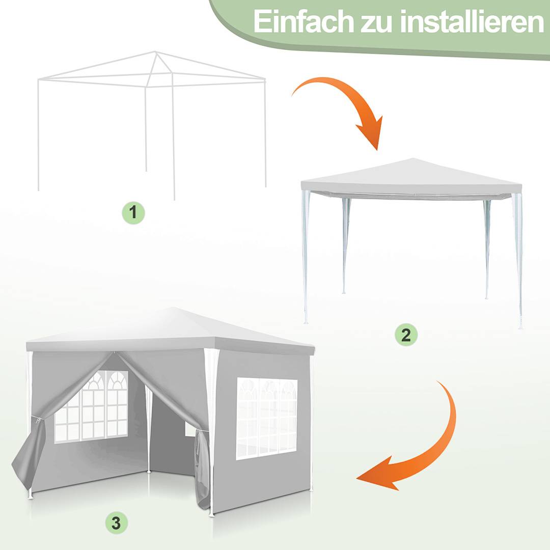Darstellung zeigt schrittweise Aufbau eines Zeltes mit Pfeilen, die vom Rahmen zur überdachten Struktur und zum Anbringen von Seitenpaneelen führen. Text lautet: Einfach zu installieren.