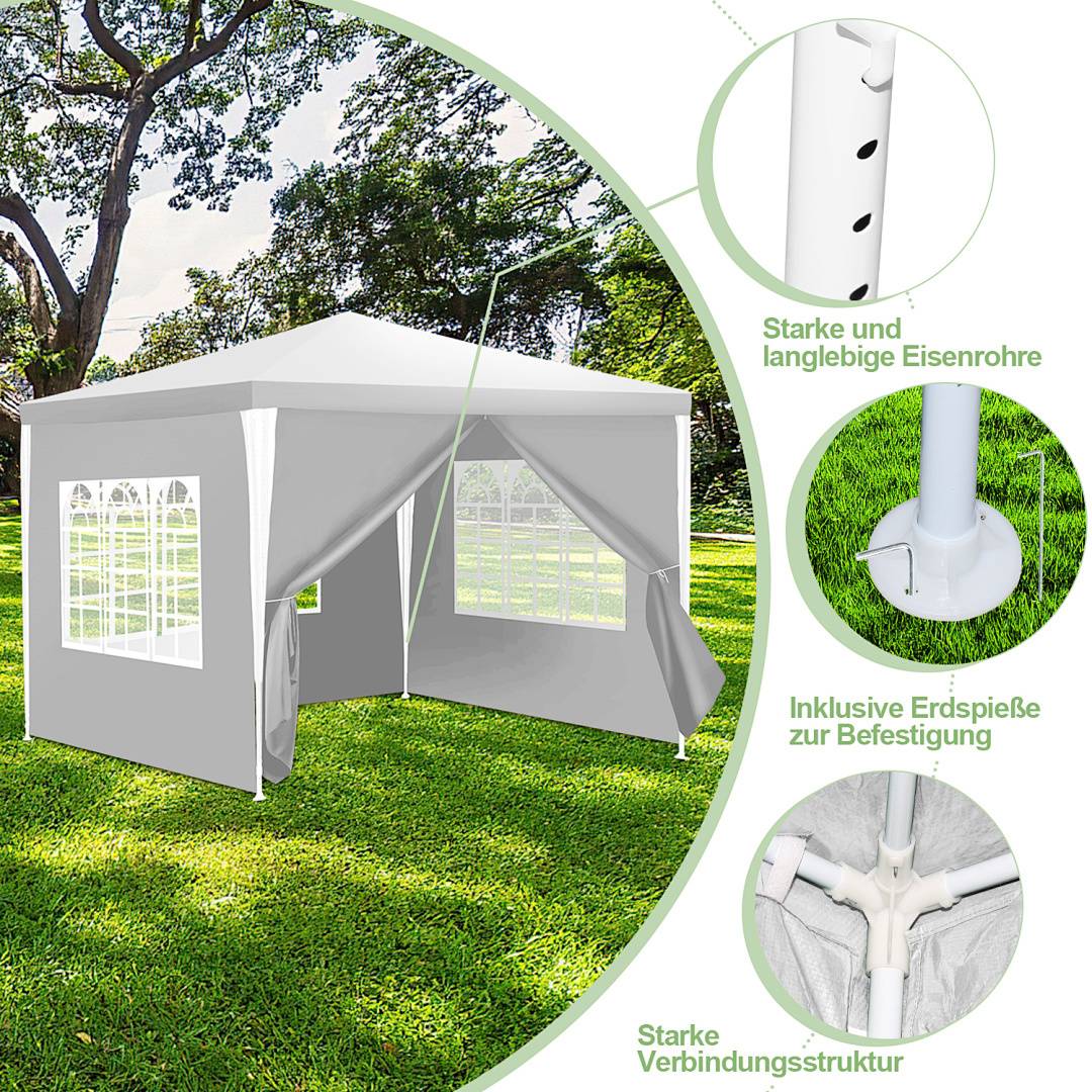 Ein grauer Outdoor-Zelt mit transparenten Fensterpaneelen auf Gras. Einschübe zeigen robuste Eisenstangen, Erdheringe und Verbindungsstruktur.