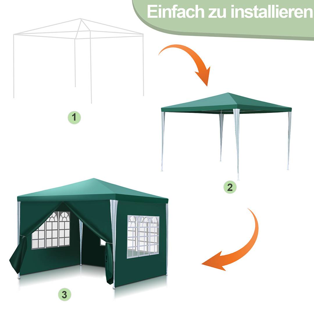 Schritte zum Aufbau eines grünen Zeltes: 1) Rahmen zusammenbauen, 2) Dach befestigen, 3) Seitenpanels sichern. Text besagt 