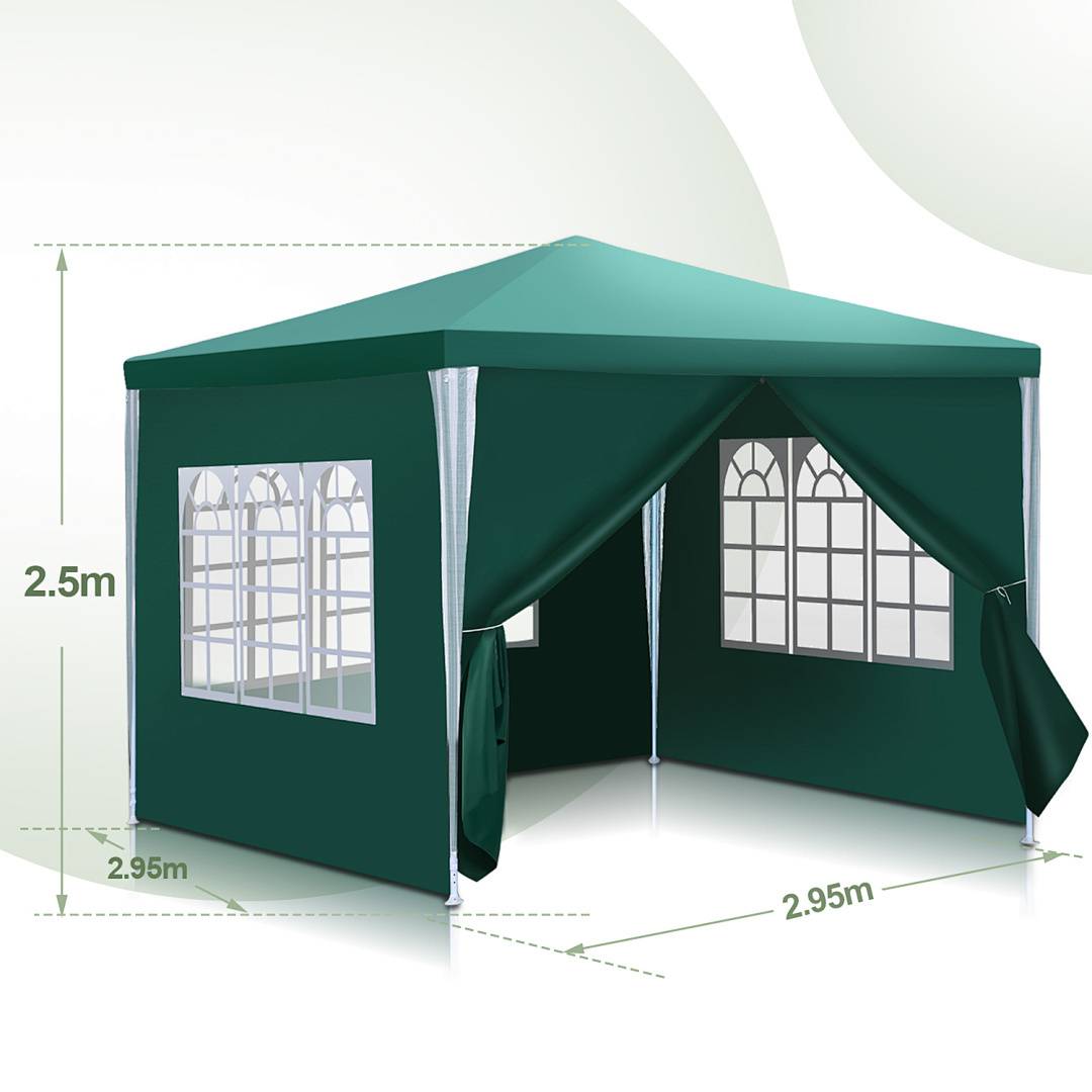 Ein grüner Outdoor-Pavillon mit drei fensterhaltigen Seitenwänden. Abmessungen: 2,5 Meter hoch, 2,95 Meter lang und 2,95 Meter breit.