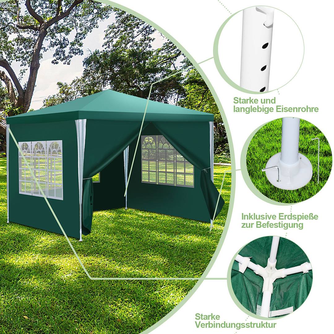 Ein grünes Zelt mit Fensterpaneelen steht im Freien. Eingesetzte Bilder zeigen Details: robuste Metallstangen, mitgelieferte Bodendübel und eine stabile Verbindungsstruktur.
