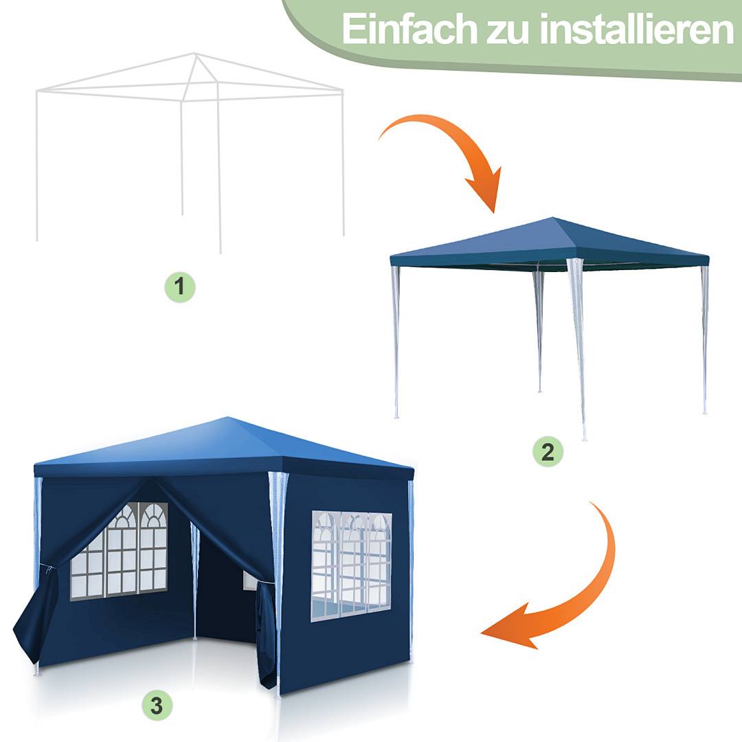 3 x 3m Pavillon Wasserdicht Gartenzelt, Pavillons & Partyzelte Festzelt mit 4 Seiten für für Camping / Garten / Hochzeit / Strand, blau