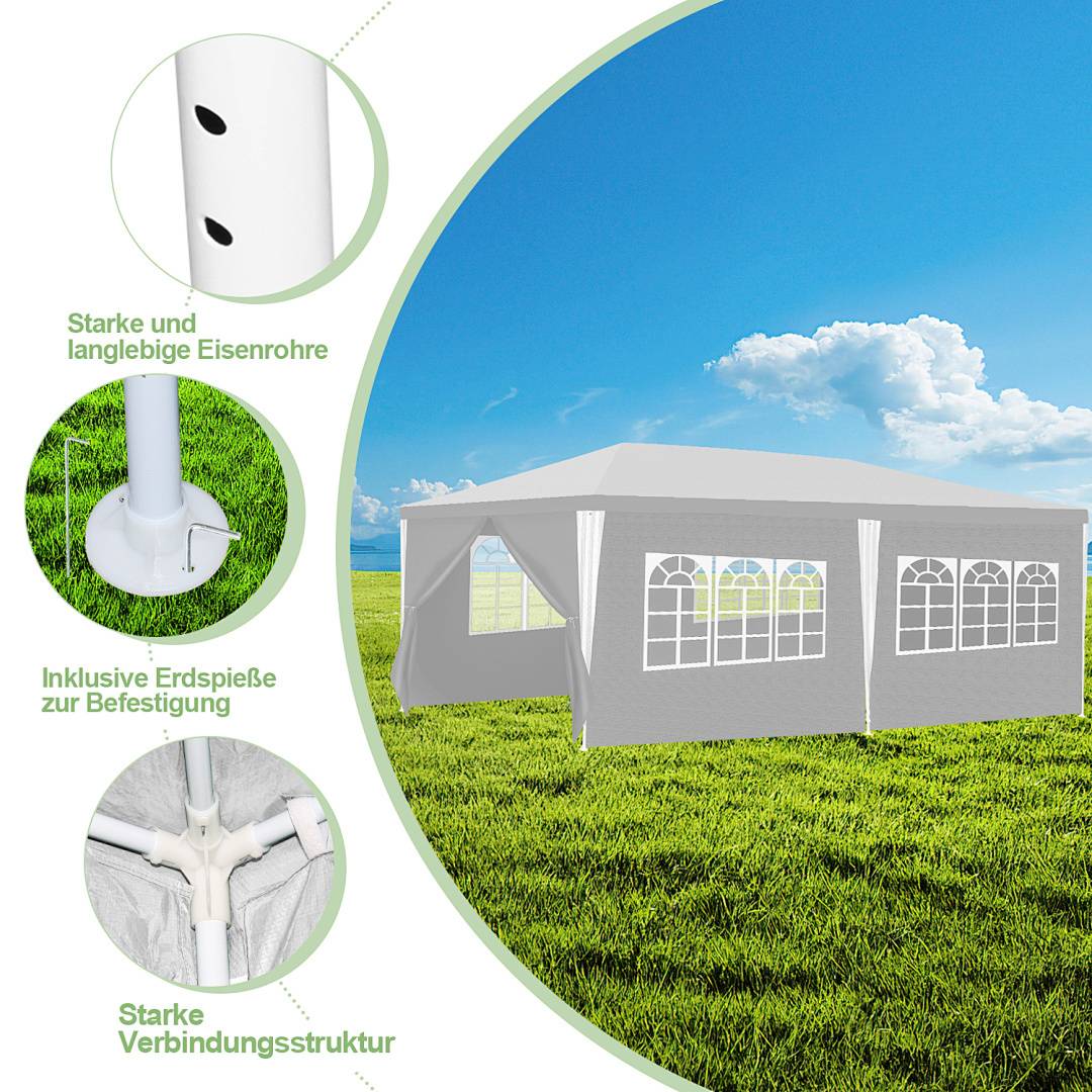 Ein weißes Eventzelt mit mehreren Fenstern steht auf grünem Gras unter einem blauen Himmel. Detailansichten zeigen Metallstangen, Bodenpflöcke und Verbindungselemente.