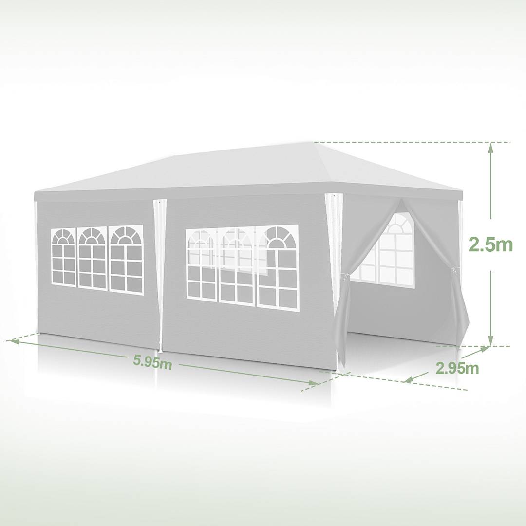 Outdoor-Pavillon mit verglasten Seitenwänden und einem offenen Eingang. Die Abmessungen betragen 5,95 m in der Länge, 2,95 m in der Breite und 2,5 m in der Höhe.