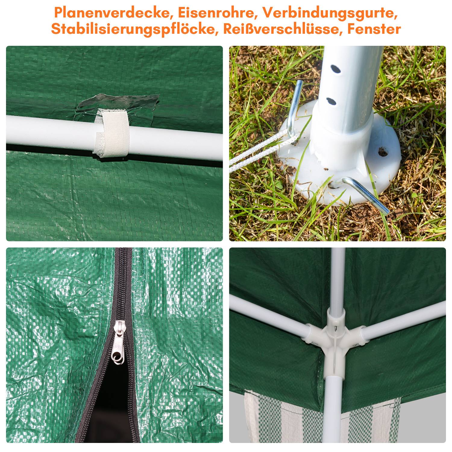 Nahaufnahmebilder der Komponenten eines grünen Zeltes: Stoffbezug, Metallstangen, Verbindungsriemen, Befestigungspflöcke, Reißverschlüsse und ein Fenster.