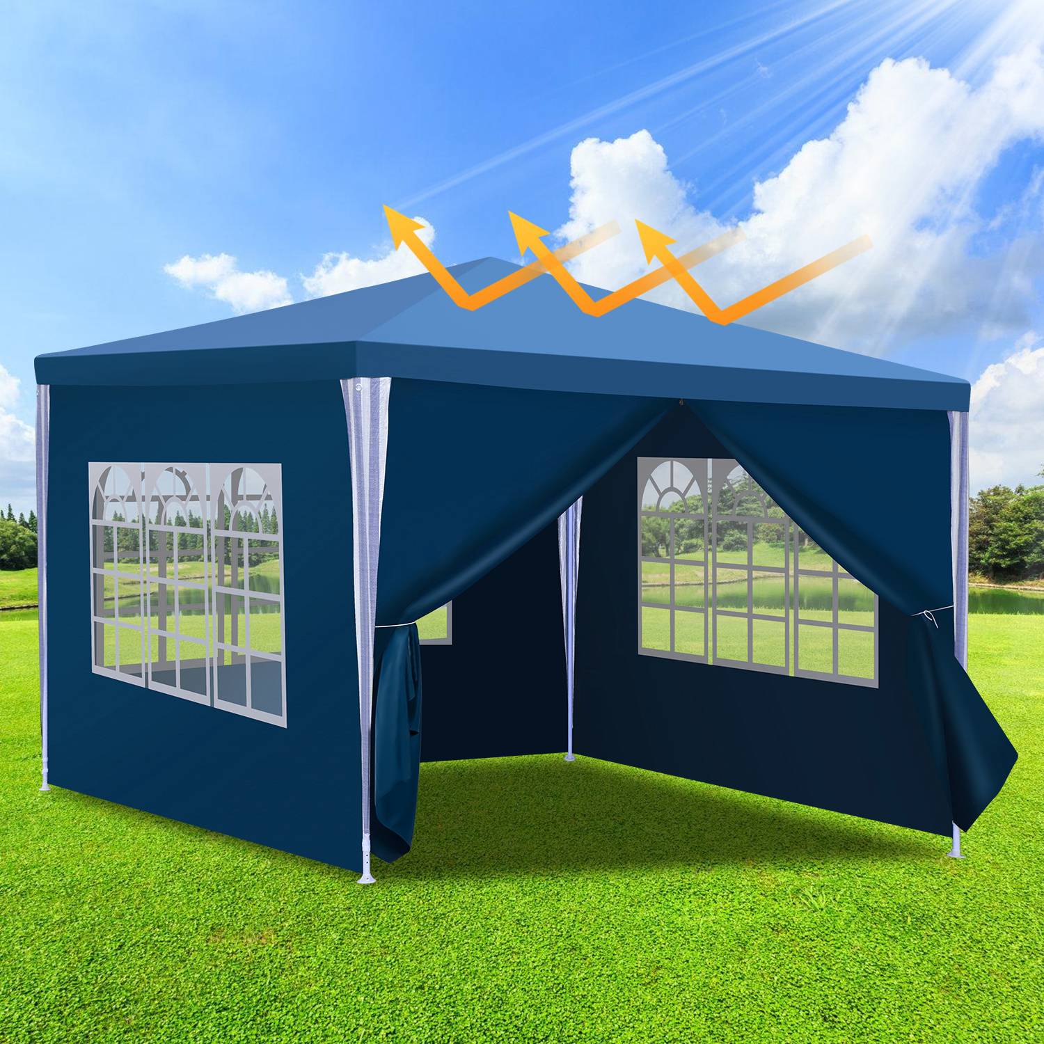 Ein blauer Outdoor-Pavillon auf Gras mit Seitenfenstern, der eine Illustration zeigt, wie Sonnenlicht durch das Dach blockiert wird und Sonnenschutz verdeutlicht.